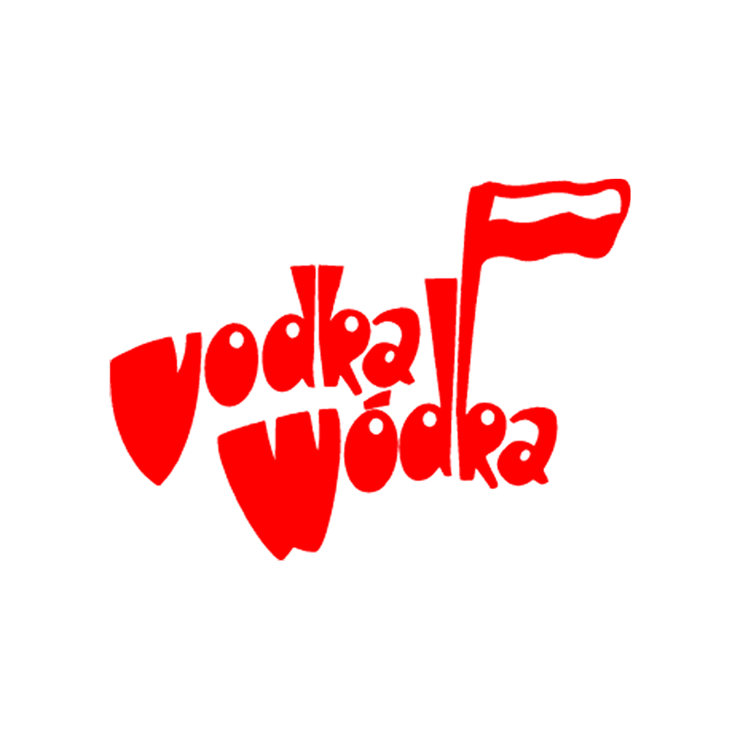 Logo with the words 'vodka wodka' in red, stylized text, with a white flag on a pole extending from the letter 'k' in the logo.