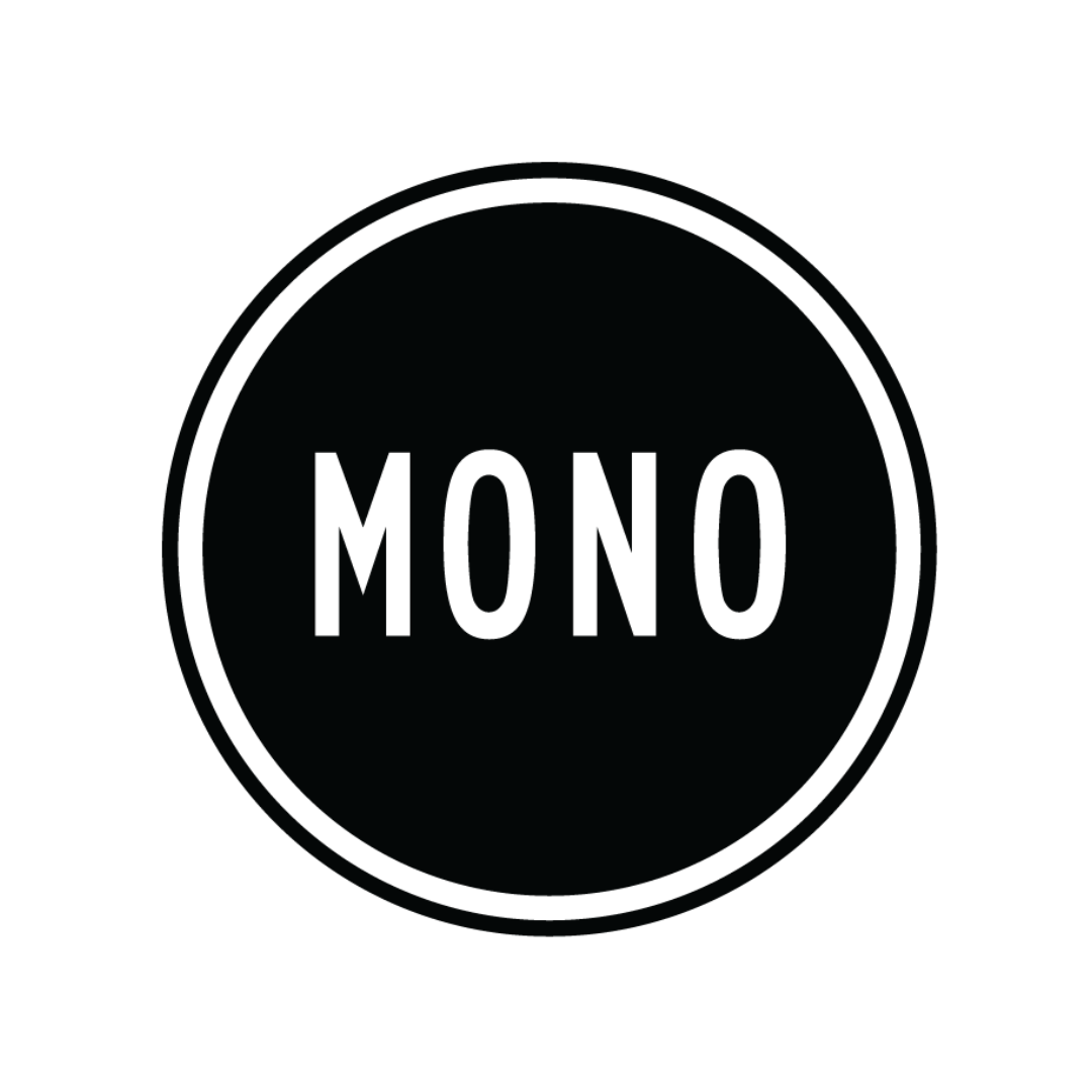 Black circular button with white border and the word "MONO" written in white capital letters in the center.