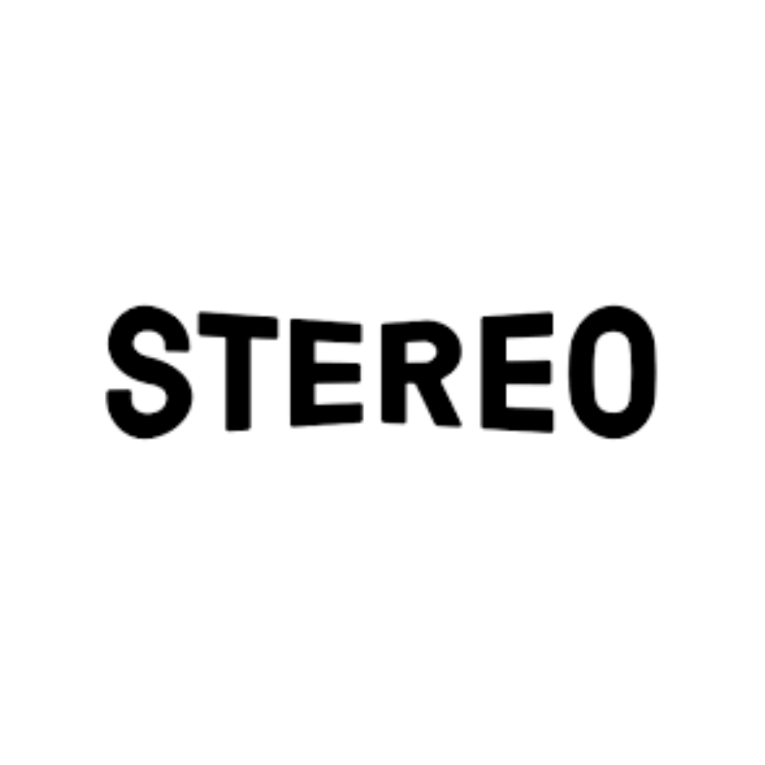 Black text saying 'STEREO' on a white background, with the text slightly tilted.