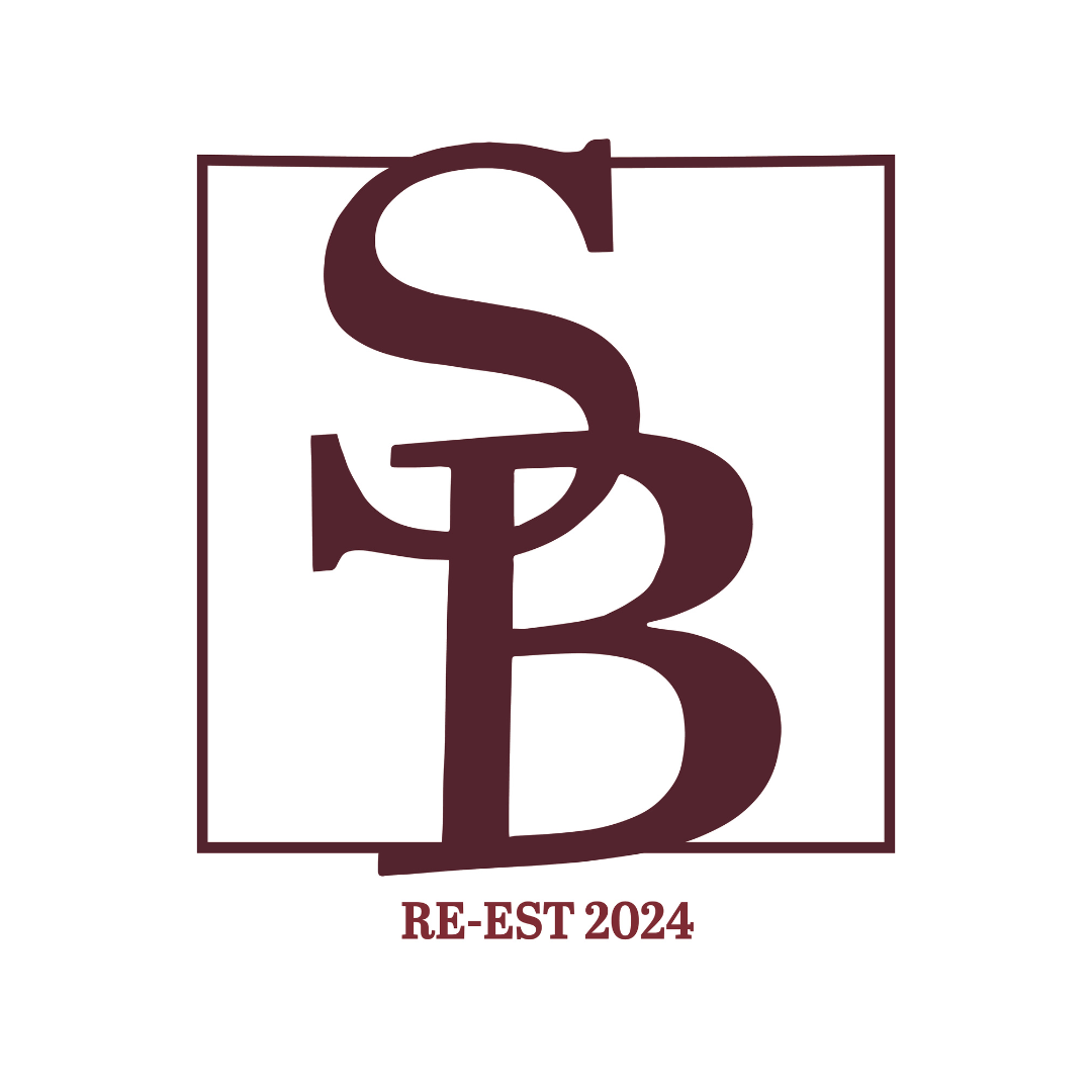 Logo with overlapping large letters 'S', 'P', and 'B' inside a square outline, with text below reading 'RE-EST 2024' in maroon color.