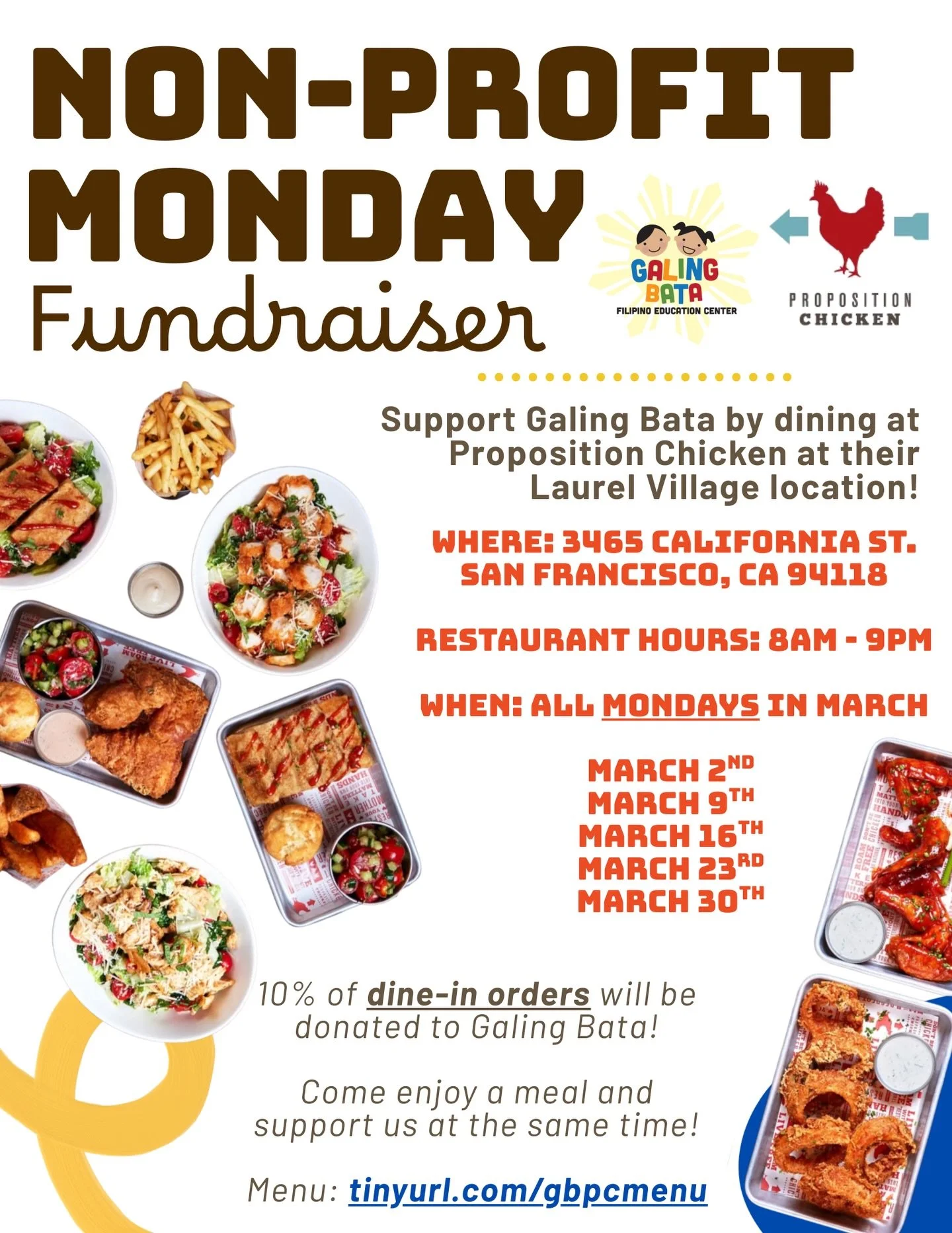 🎉 We&rsquo;re the Non-Profit of the Month at Proposition Chicken this March! 🎉

That means 10% of ALL dine-in sales EVERY Monday in March will be donated directly to Galing Bata. Yes, all day. Every Monday. 🙌🏼

📅 When: ALL Mondays in March
⏰ Tim
