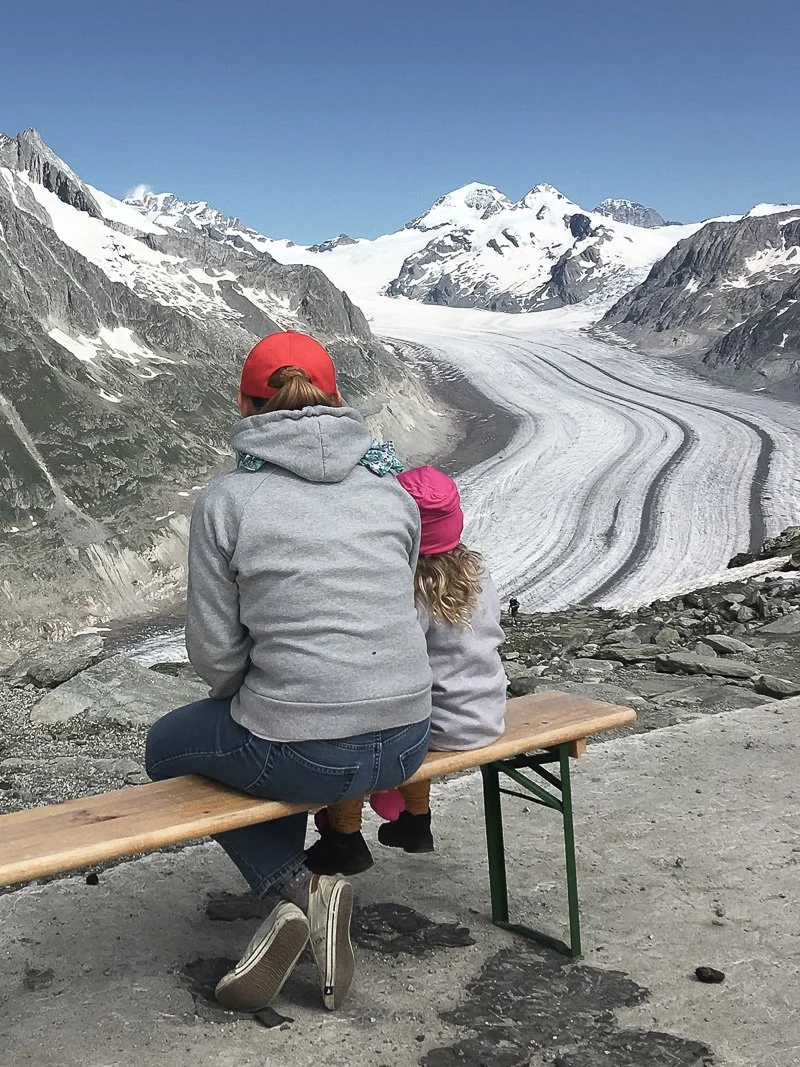  Enjoying the view of the Aletsch Glacier – a bit on a rock, a bit on a bench  