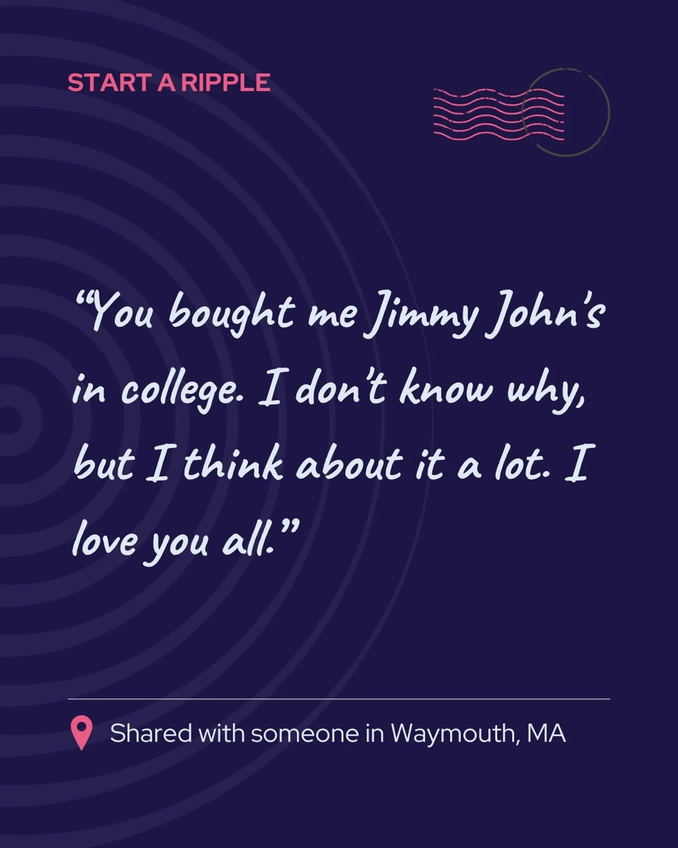 JIMMY JOHN&rsquo;S
&bull;
&bull;
&bull;
Sometimes all it takes is buying someone a sandwich, or an unwich?

What&rsquo;s a seemingly insignificant gesture that has stuck with you?

#StartaRipple #RippleEffectMoment #Generosity