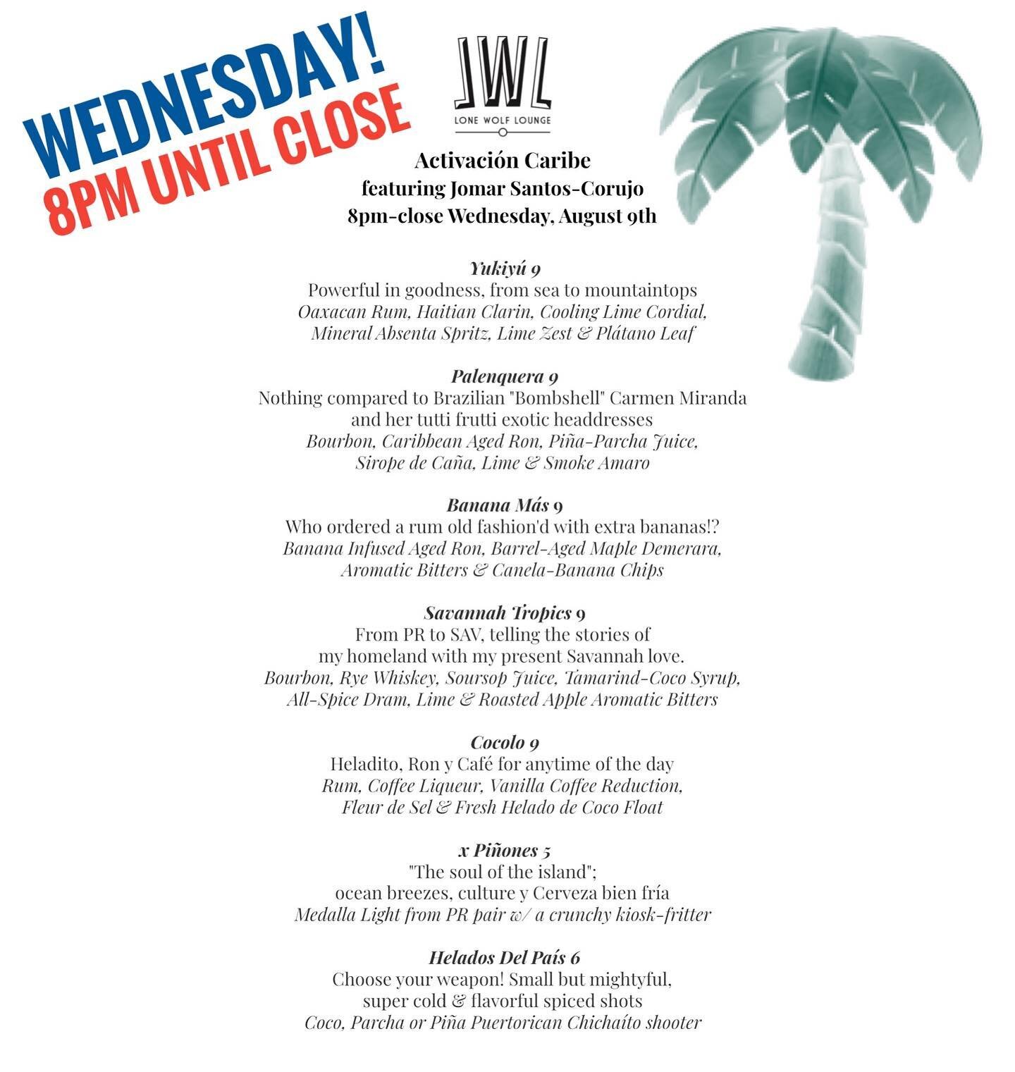 Grab a little staycation in the neighborhood with🇵🇷 @jomix.santos tomorrow (Wednesday) Check out this fresh &amp; delicious menu, and don't forget to get a sip of @rondelbarrilito with the man behind the stick! 🥃 Menu goes from 8pm - close and kar