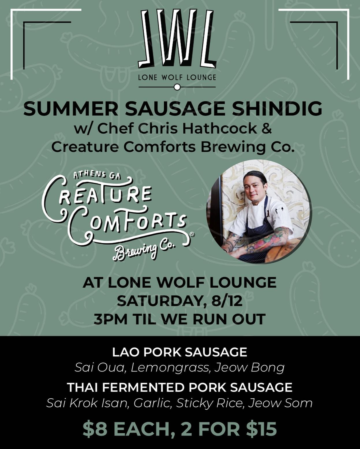 Summer Sausage Shindig, Saturday starting at 3pm. Enjoy two varieties from Chef Chris @chino_noir and cold beers from @creaturecomfortsbeer #sausageparty #starlanddistrict