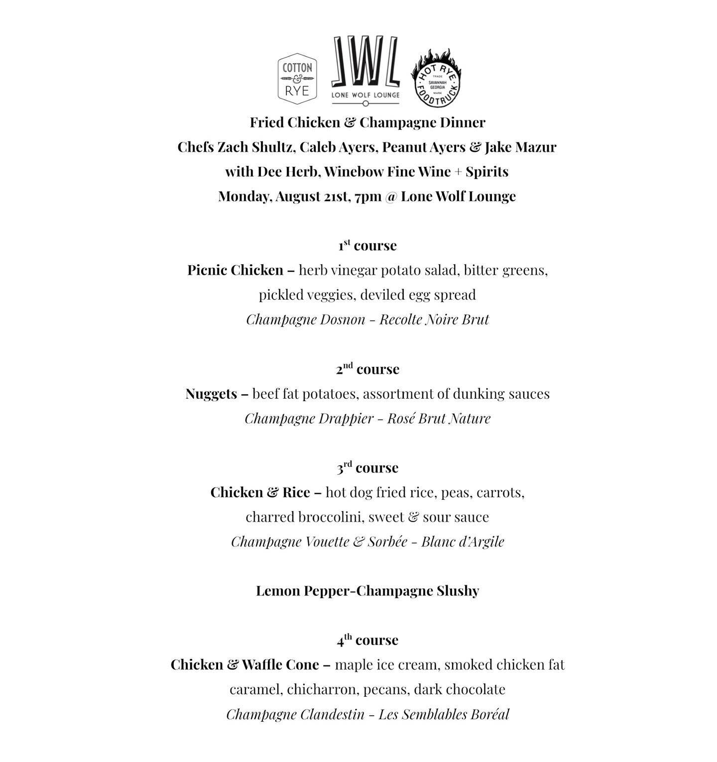 🍗🍾This Monday (8/21) at Lone Wolf Lounge 🍾🍗 7pm Link to tix in our bio.

As part of our month-long event series celebrating 5 years of Lone Wolf Lounge, we've invited our friends at @cottonandrye to collaborate on an intimate dinner party - held 