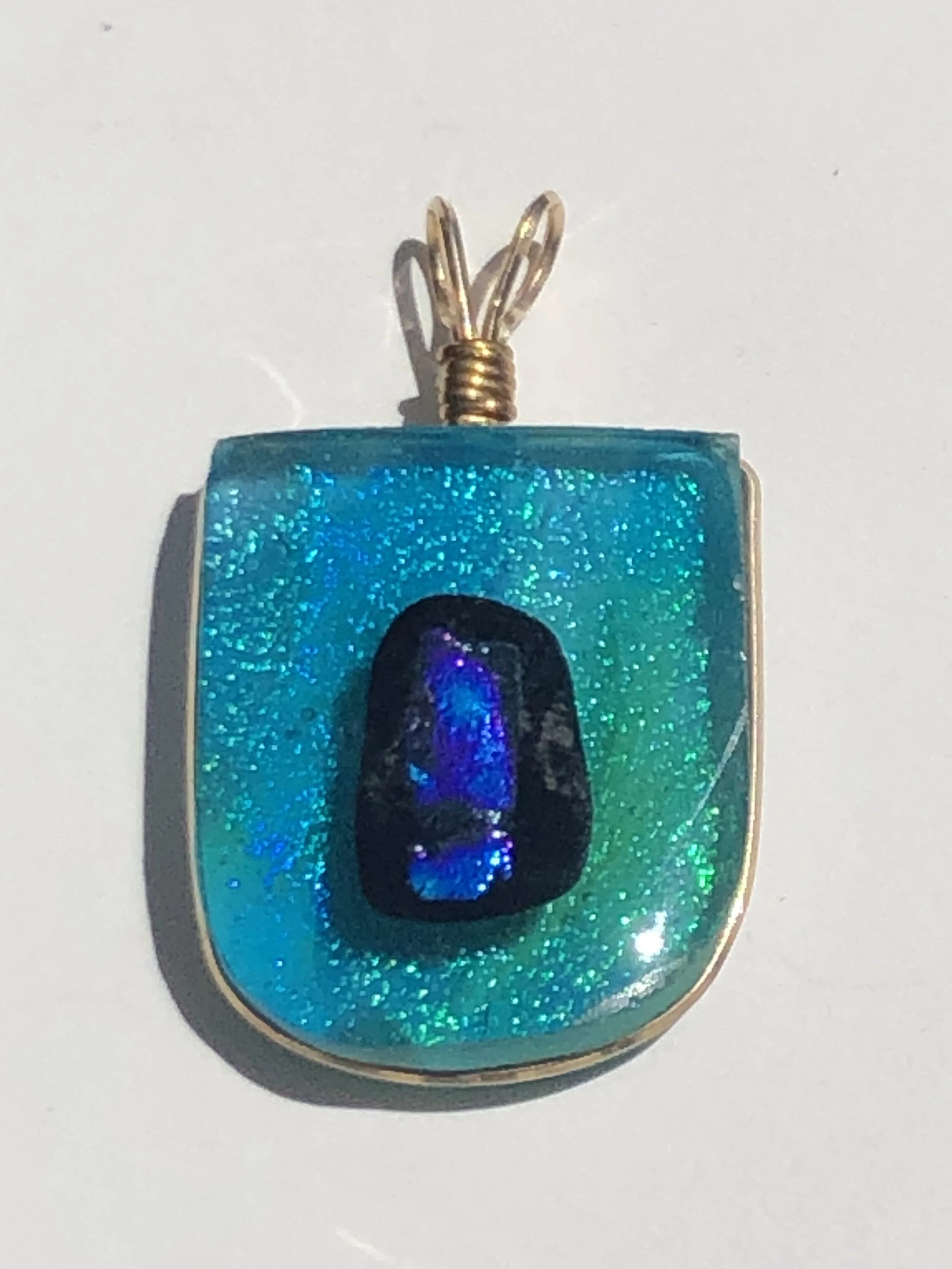Striking Peacock Blue Fused Dichroic Glass Pendant