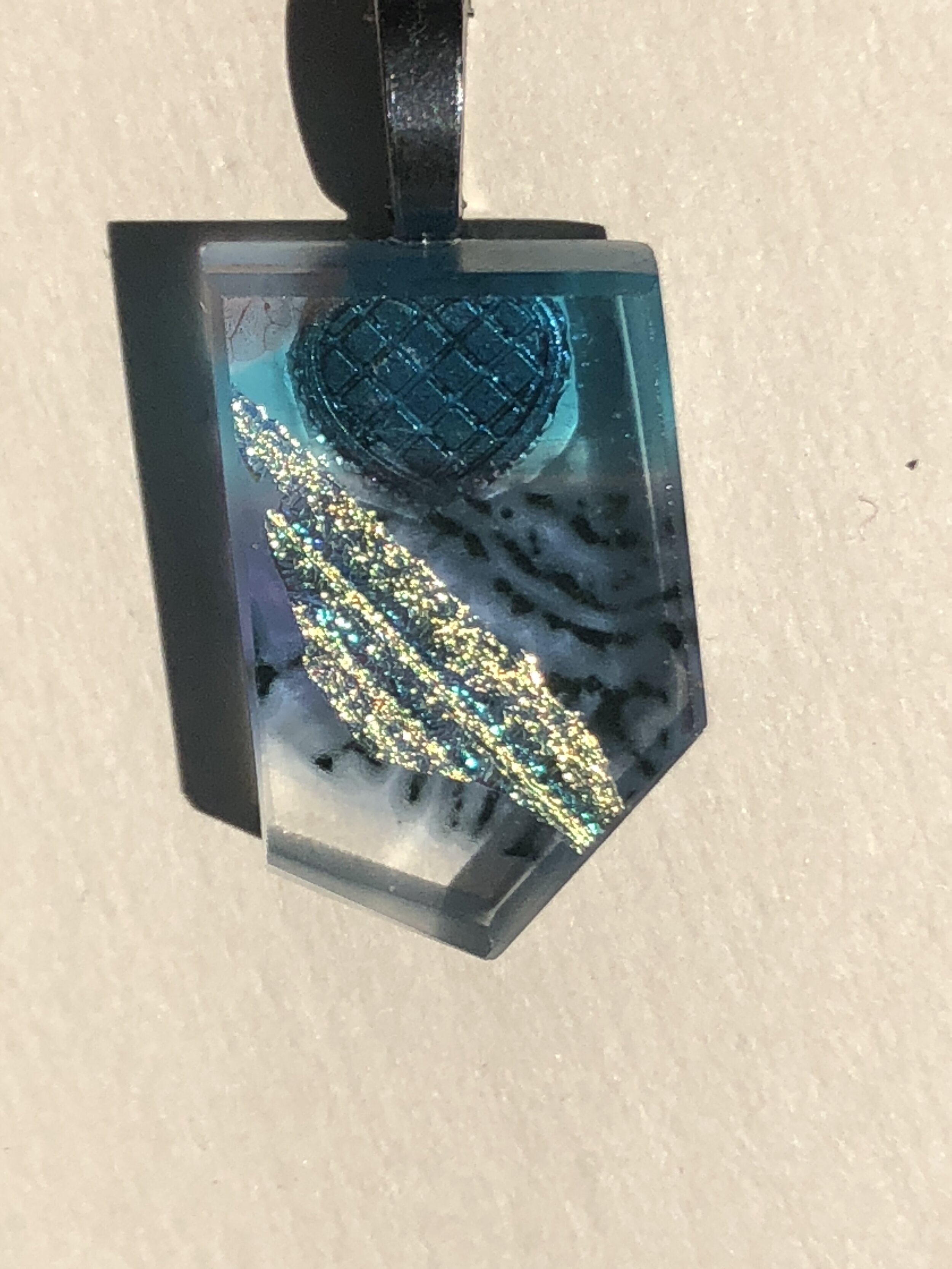 Angled, Blue, Gold, Black - Dichroic Glass Pendant