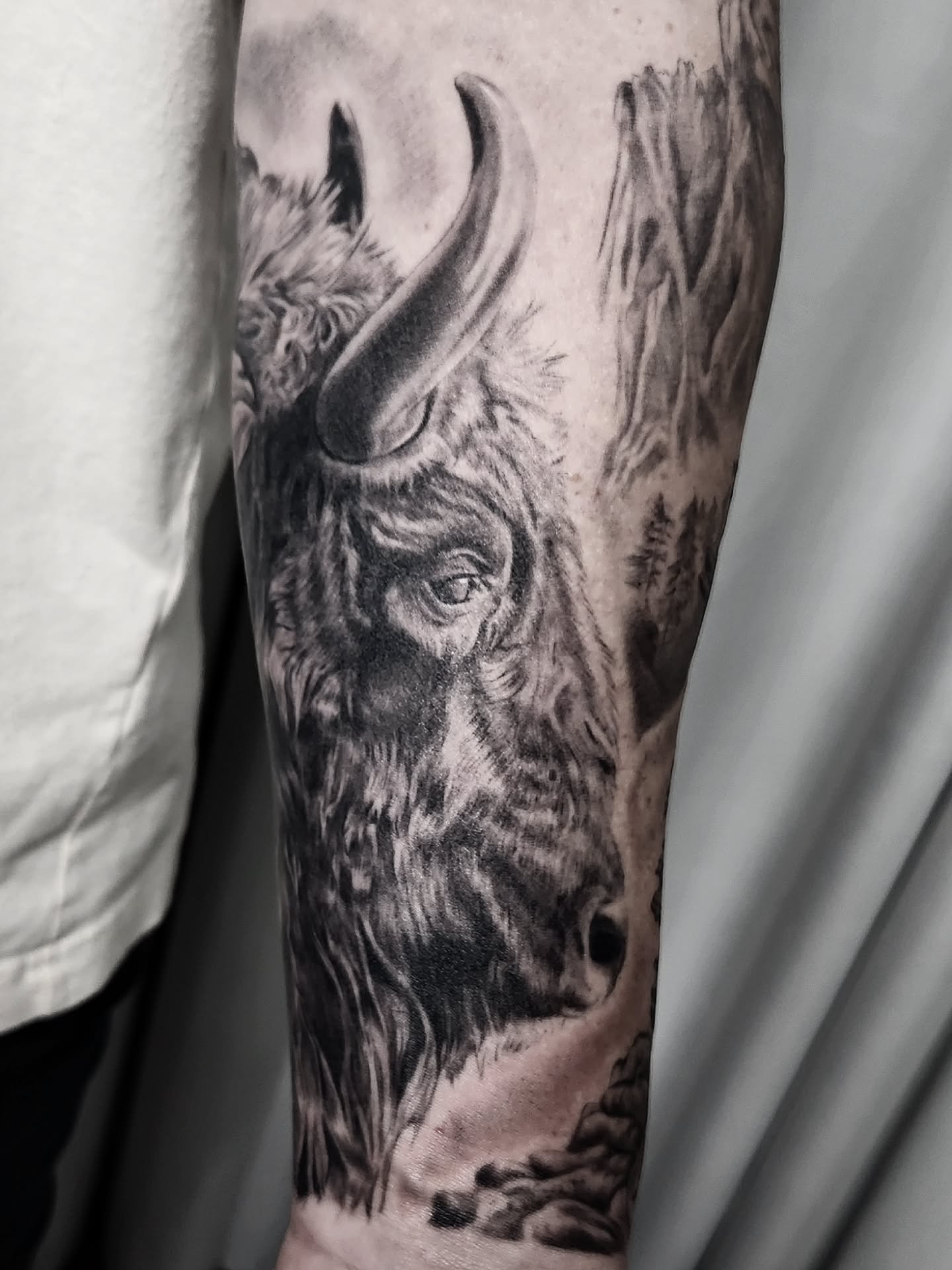 Buffalo forearm sleeve for my brother @kee_stevenson 🦬 #tattoo #blackandgreytattoo #Buffalo #gtatattoo