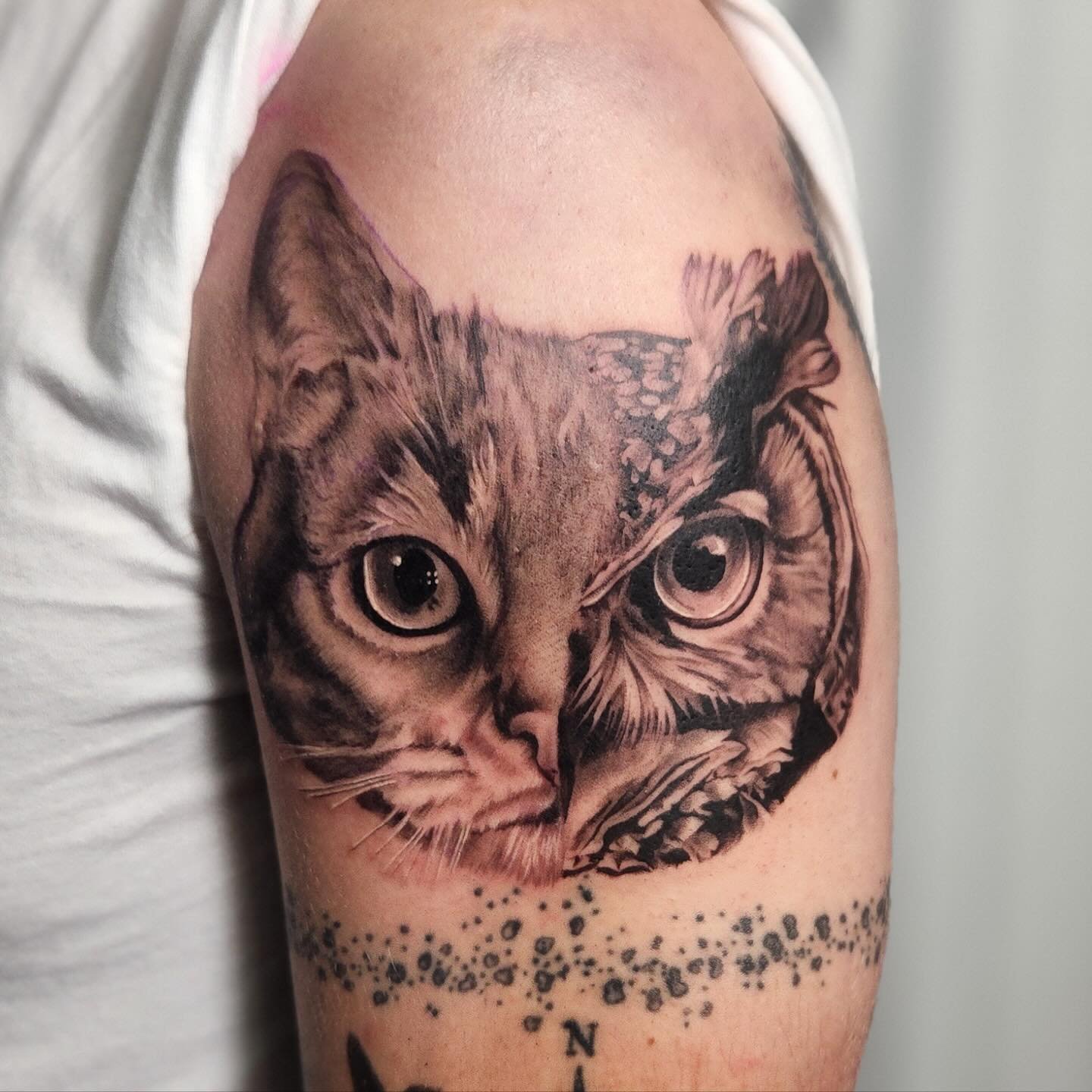 Custom design for my guy @ceddysobotta 🐱🦉One of my favourite pieces so far #tattoo #blackandgreytattoo #realismtattoo