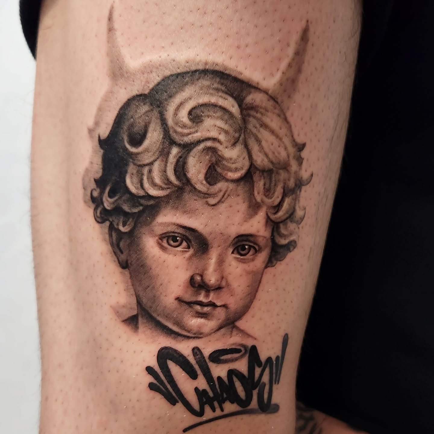 Cherub portrait for my boy @inkedbyazzo 

#mississaugatattooartist #explore #blackandgreytattoo #realismtattoo #tattoo