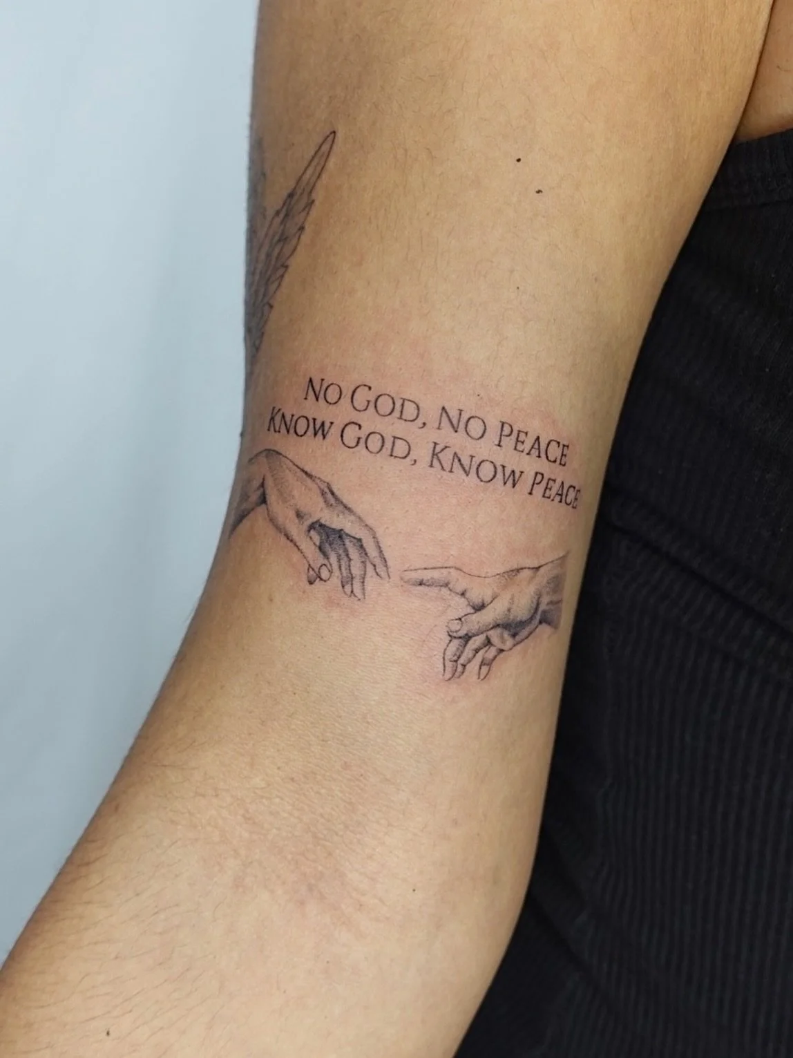 Fineline printed script paired with Creation of Adam hands. Thank you for your trust 
.
Now booking for July-Aug. Fill out my form link in bio to book.
.
#FinelinetattooartistMississauga
#WatercolortattooToronto
#FemaletattooartistMississauga
#Blacka