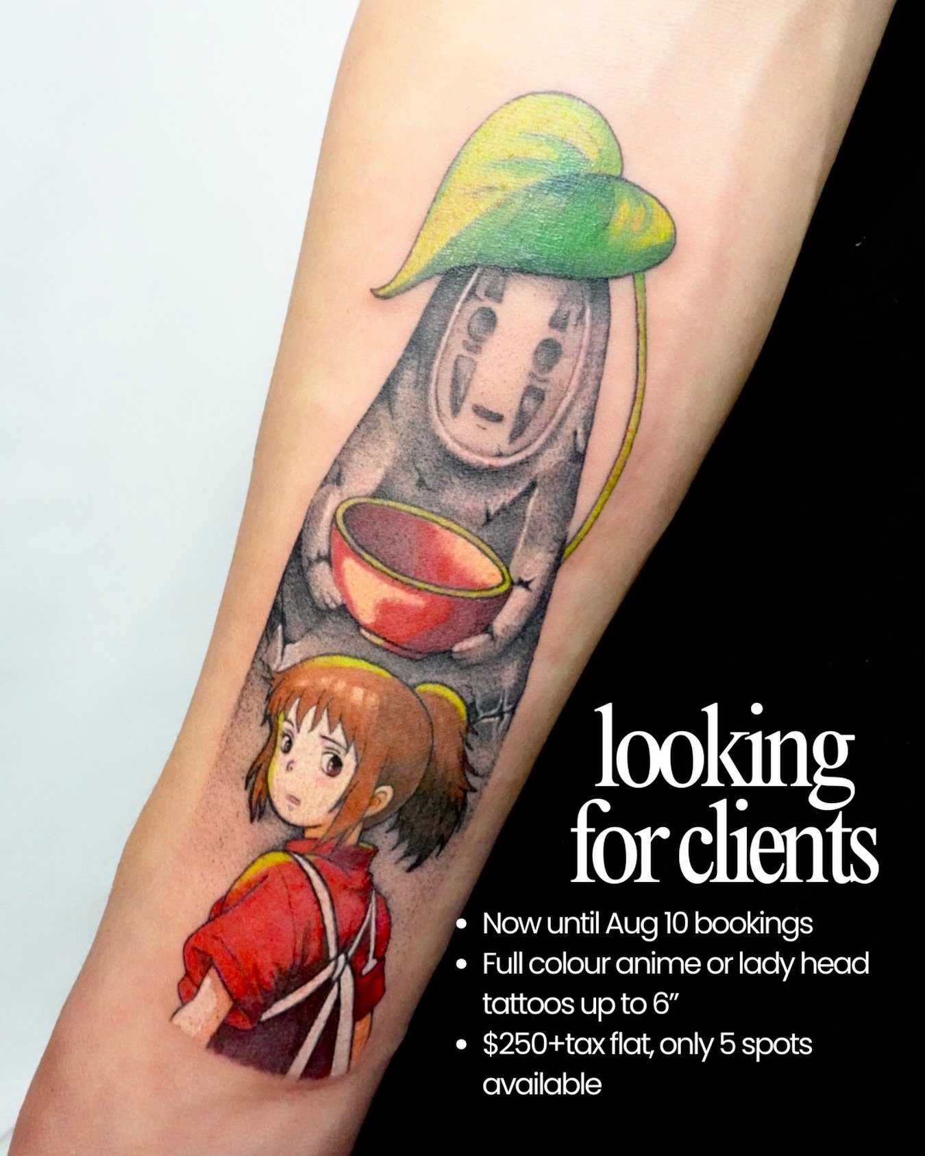 I&rsquo;m opening a limited number of portfolio pricing appointments for full colour tattoos. If you&rsquo;ve been thinking about getting your favourite anime character or a beautiful lady head tattoo, now&rsquo;s the perfect time.

- Full colour ani