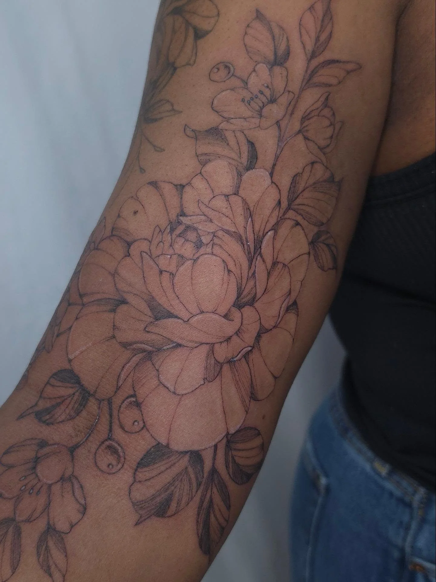 Floral peony fineline tattoo with holly berries.

 Fill out the Form in my bio to book!
Booking for: AUGUST &amp; SEPTEMBER 
Don't forget to tag me in your pictures so that I can share! Profile needs to be public for me to see!

Luna Ink Studio Missi