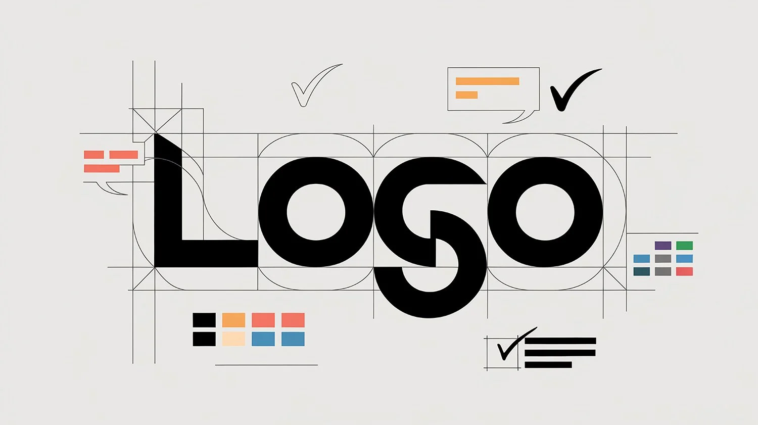 Design sketch of a logo with grid lines, construction marks, and check marks, featuring the word 'LOGO' in bold black lettering.