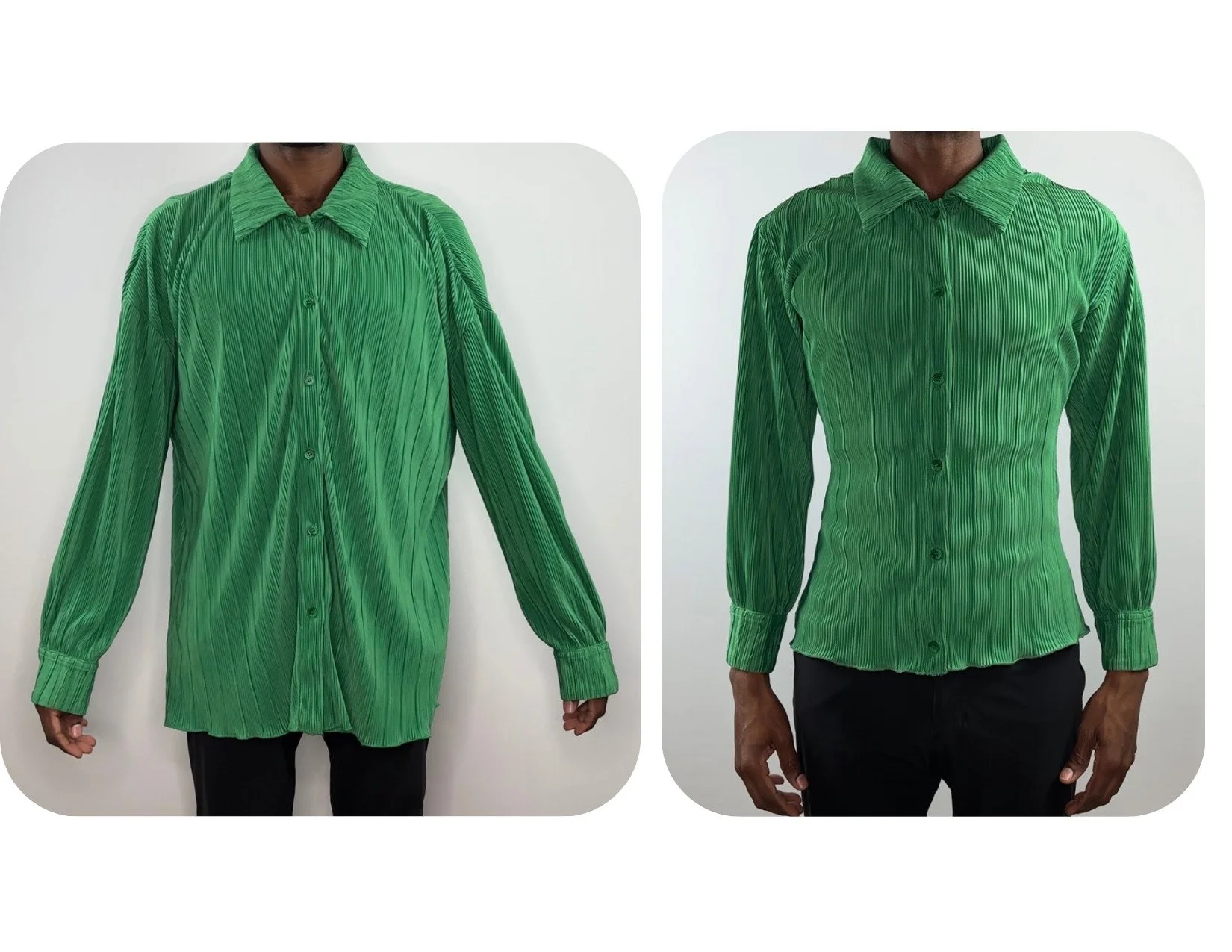 Plisse Stretch Button Up Alterations Set Back Dropped Shoulder Waist Circumference Take In Bottom Rolled Hem