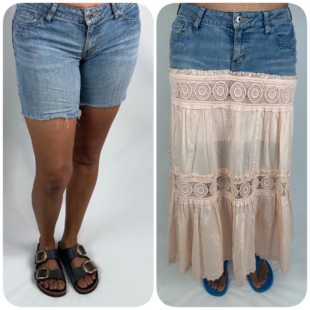 Denim Jean Shorts Redesign Skirt Dress Combo Lining Lace