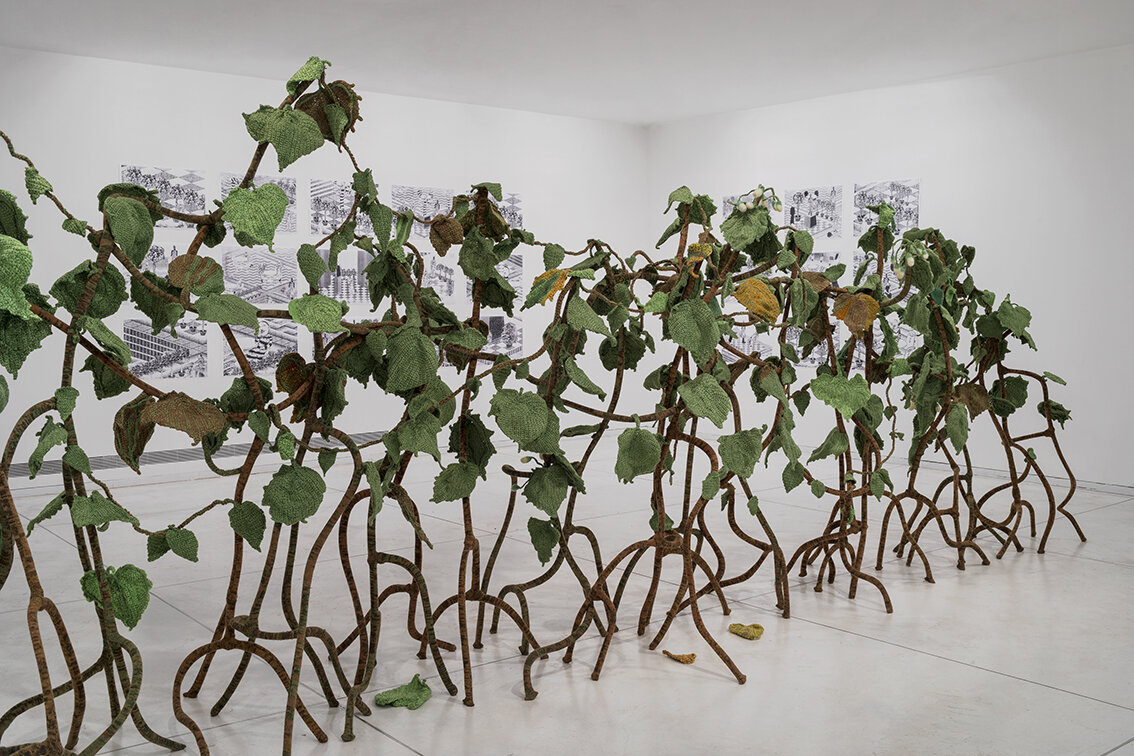   Hedgerow , knitted installation (wool, Acrilan, felt, wire, embroidery thread, gas pipes), 250x150x750cm, 2018 