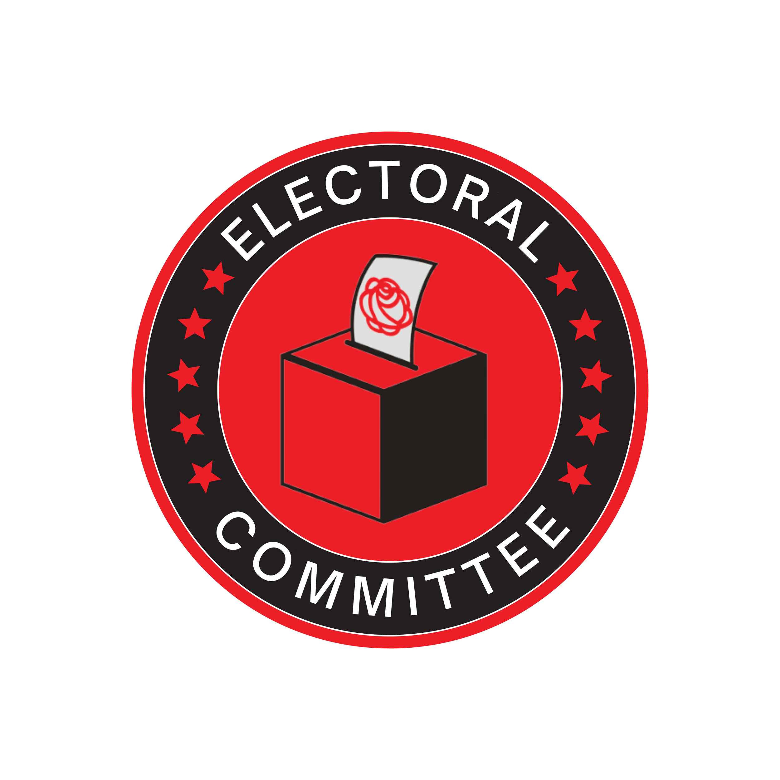 Circular GMDSA Electoral Committee logo with a black outer ring, white text, and a red center featuring a ballot box with a ballot bearing the DSA rose logo, representing elections, endorsements, and political organizing.