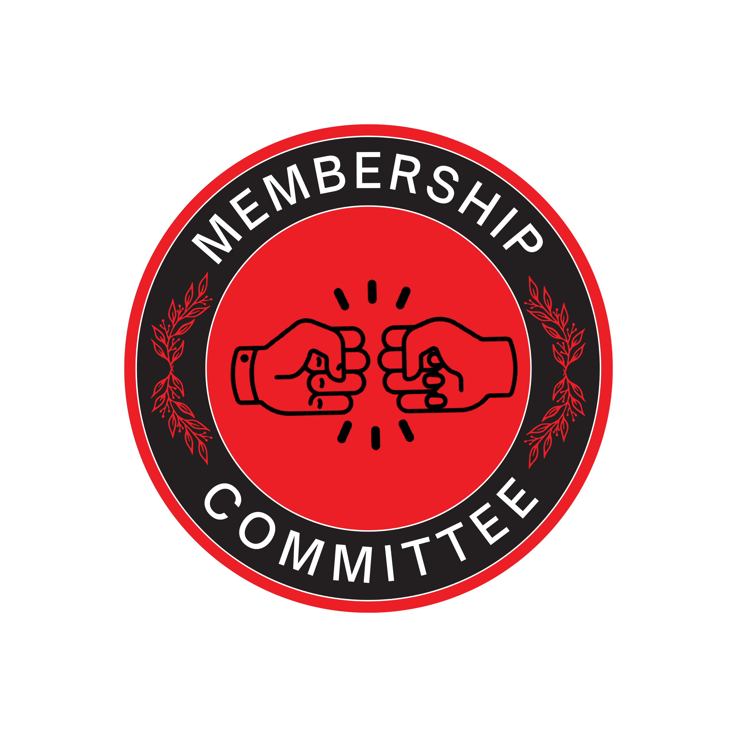 Circular GMDSA Membership Committee logo with a black outer ring, white text, and a red center featuring two hands in a fist bump, symbolizing solidarity, welcoming new members, and building community.