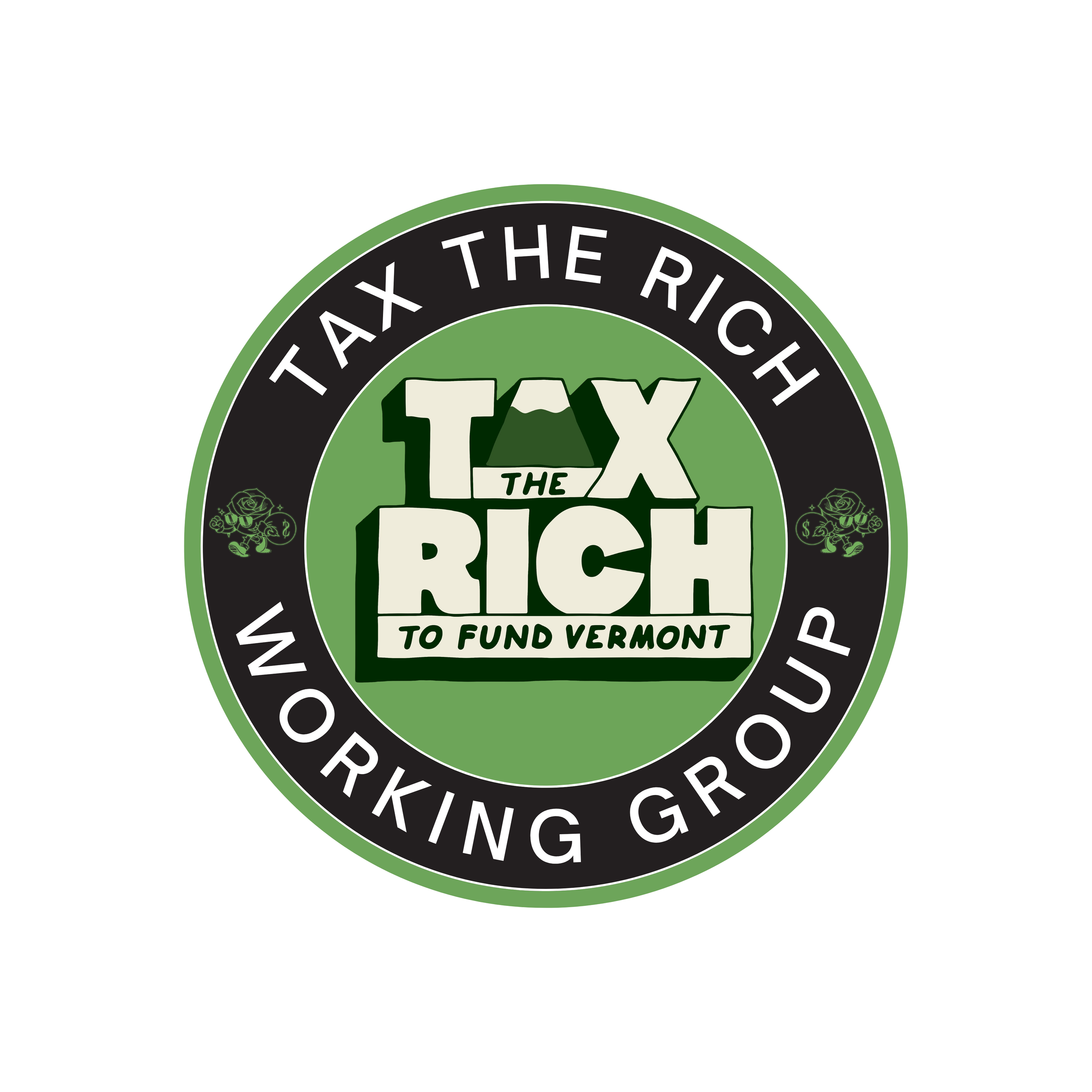 Circular GMDSA Tax the Rich Working Group logo with a black outer ring, white text, and a green center reading "Tax the Rich to Fund Vermont." Budd, the DSA mascot, carrying bags of cash appears on both sides, symbolizing taxing concentrated wealth.