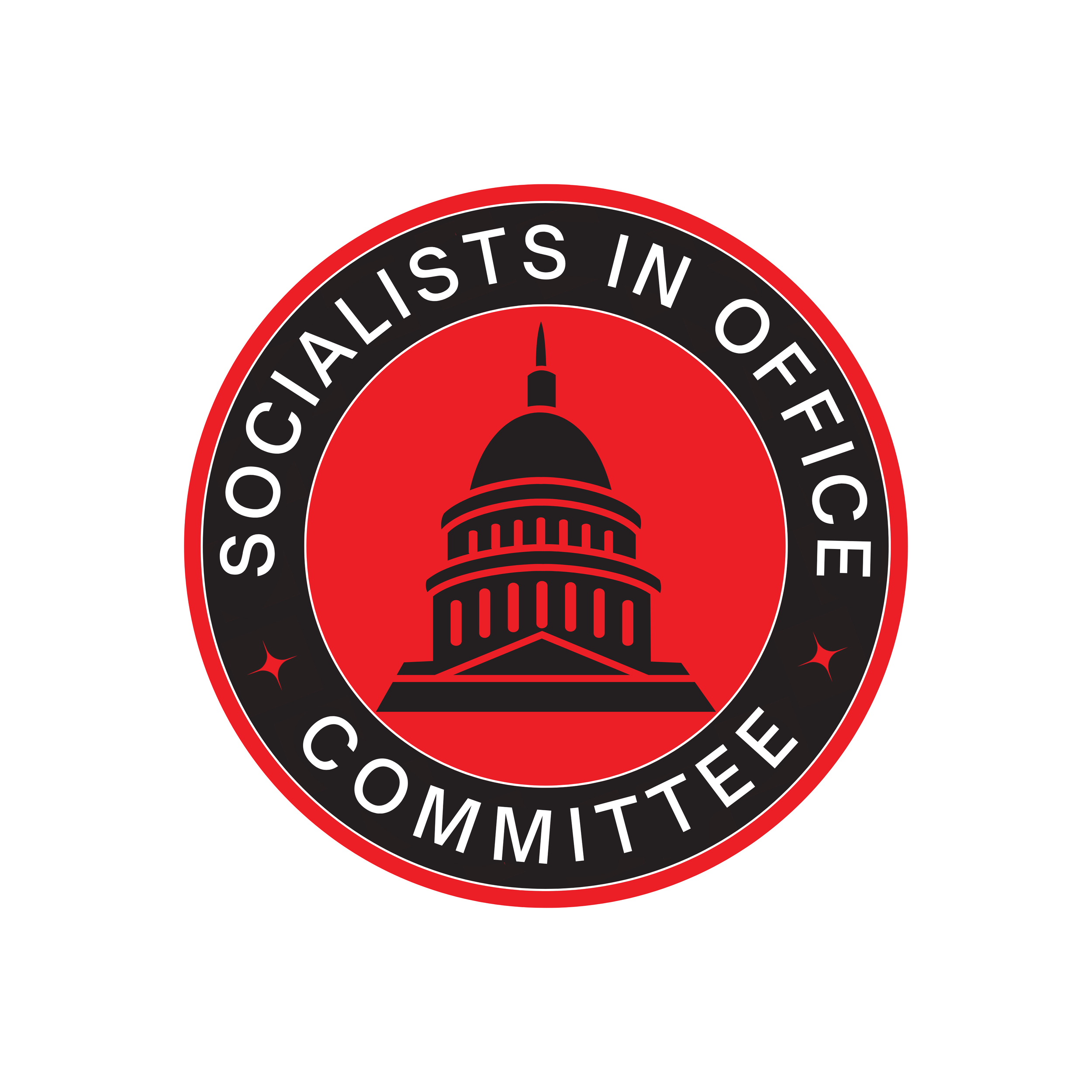 Circular GMDSA Socialists in Office Committee logo with a black outer ring, white text, and a red center featuring the Vermont State House dome, representing socialist elected officials and public service.
