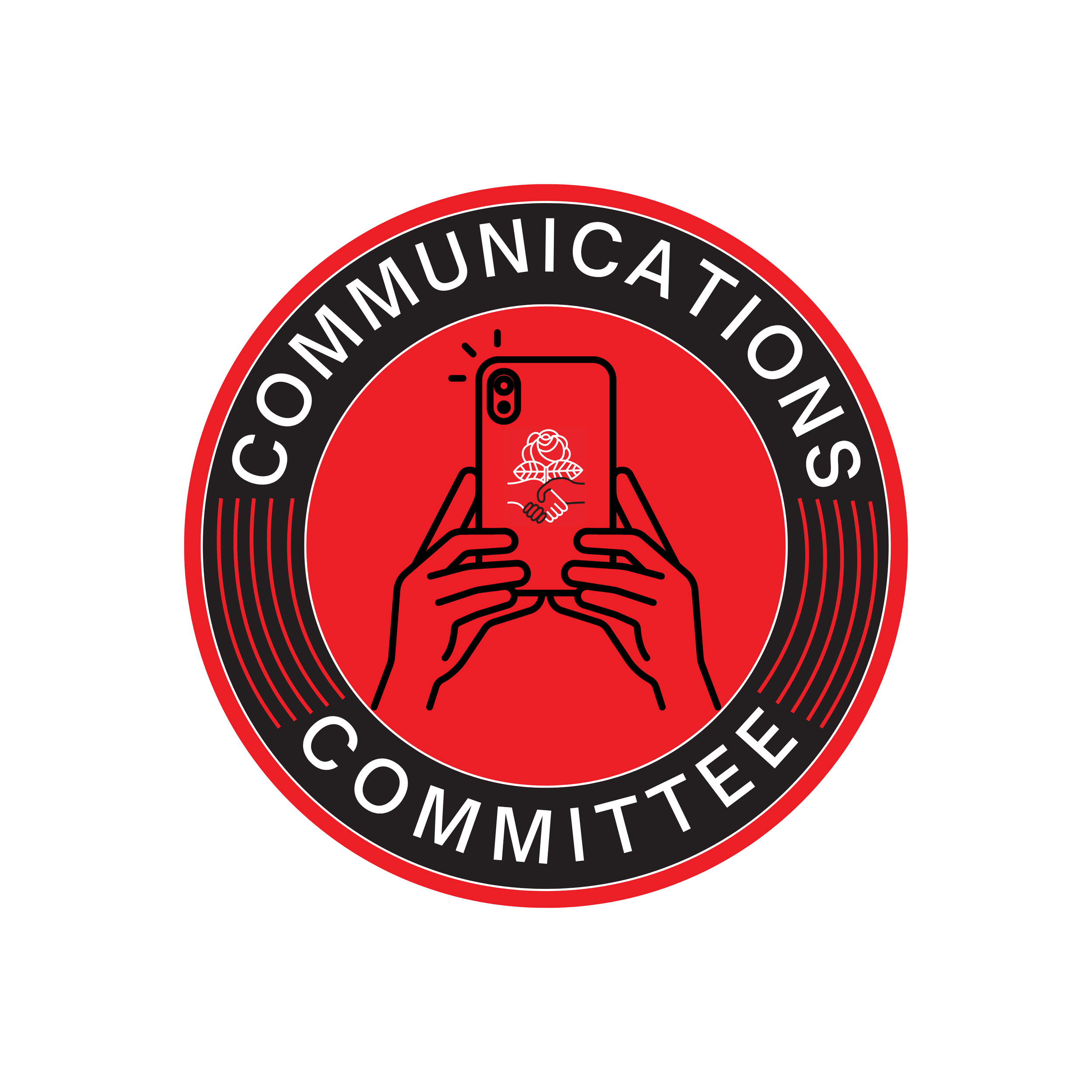Circular GMDSA Communications Committee logo with a black outer ring, white text, and a red center showing hands holding a smartphone displaying the DSA rose logo. Radio waves symbolize outreach, media, and public communications.