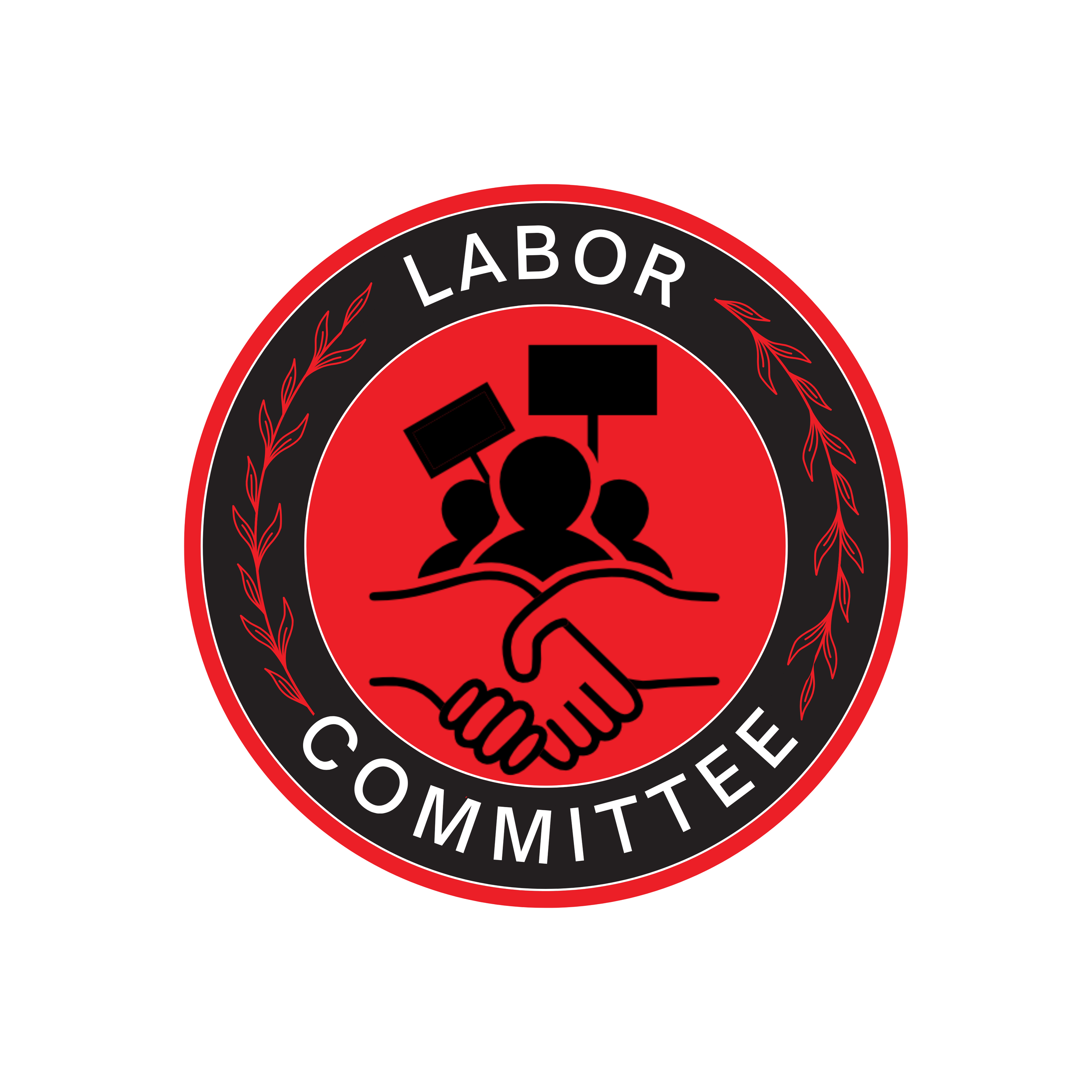 Circular GMDSA Labor Committee logo with a black outer ring, white text, and a red center showing three workers holding protest signs above clasped hands, representing worker solidarity, unions, and collective action.