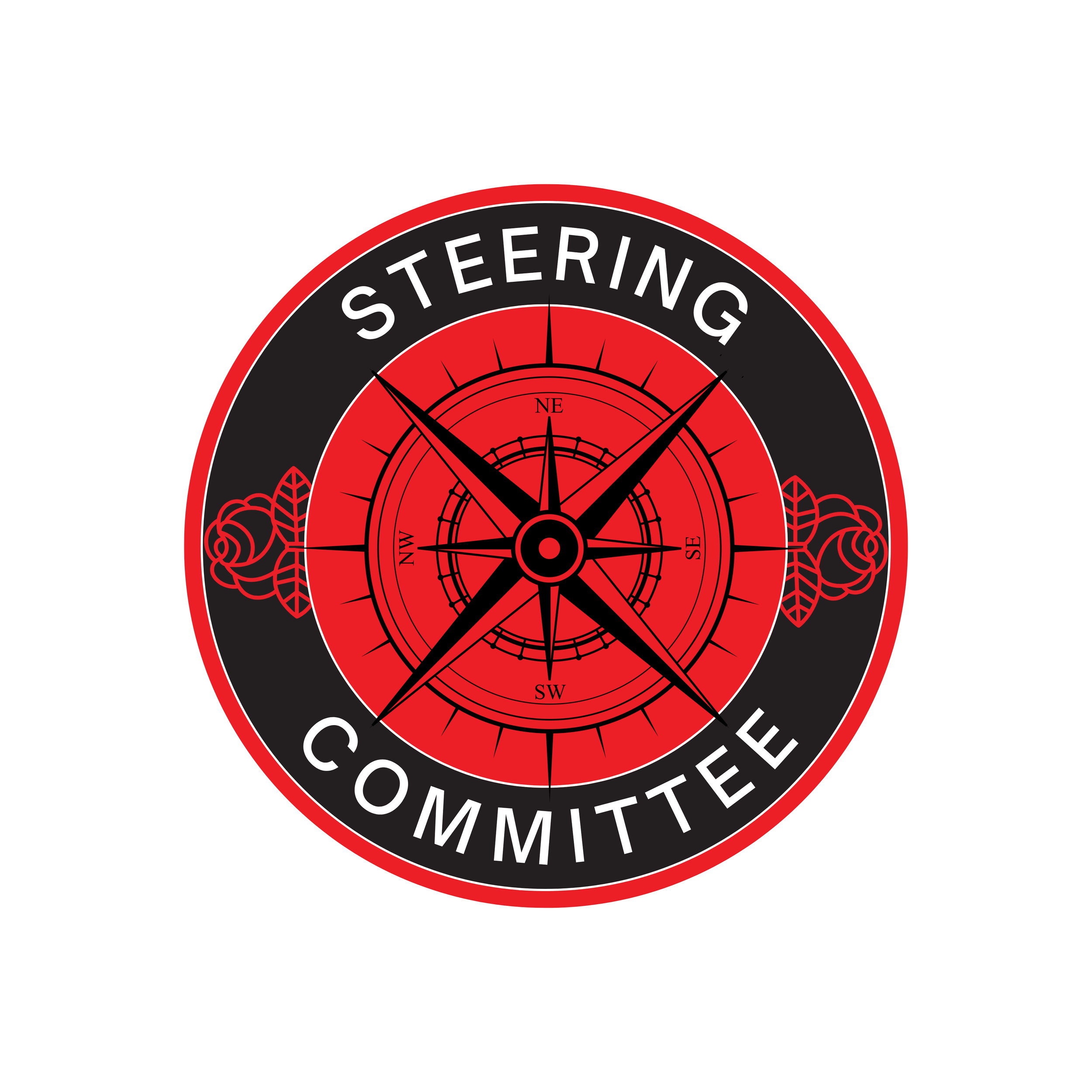 Circular GMDSA Steering Committee logo with a black outer ring, white text, and a red center featuring a compass rose, symbolizing strategic leadership, direction, and coordination for the chapter.