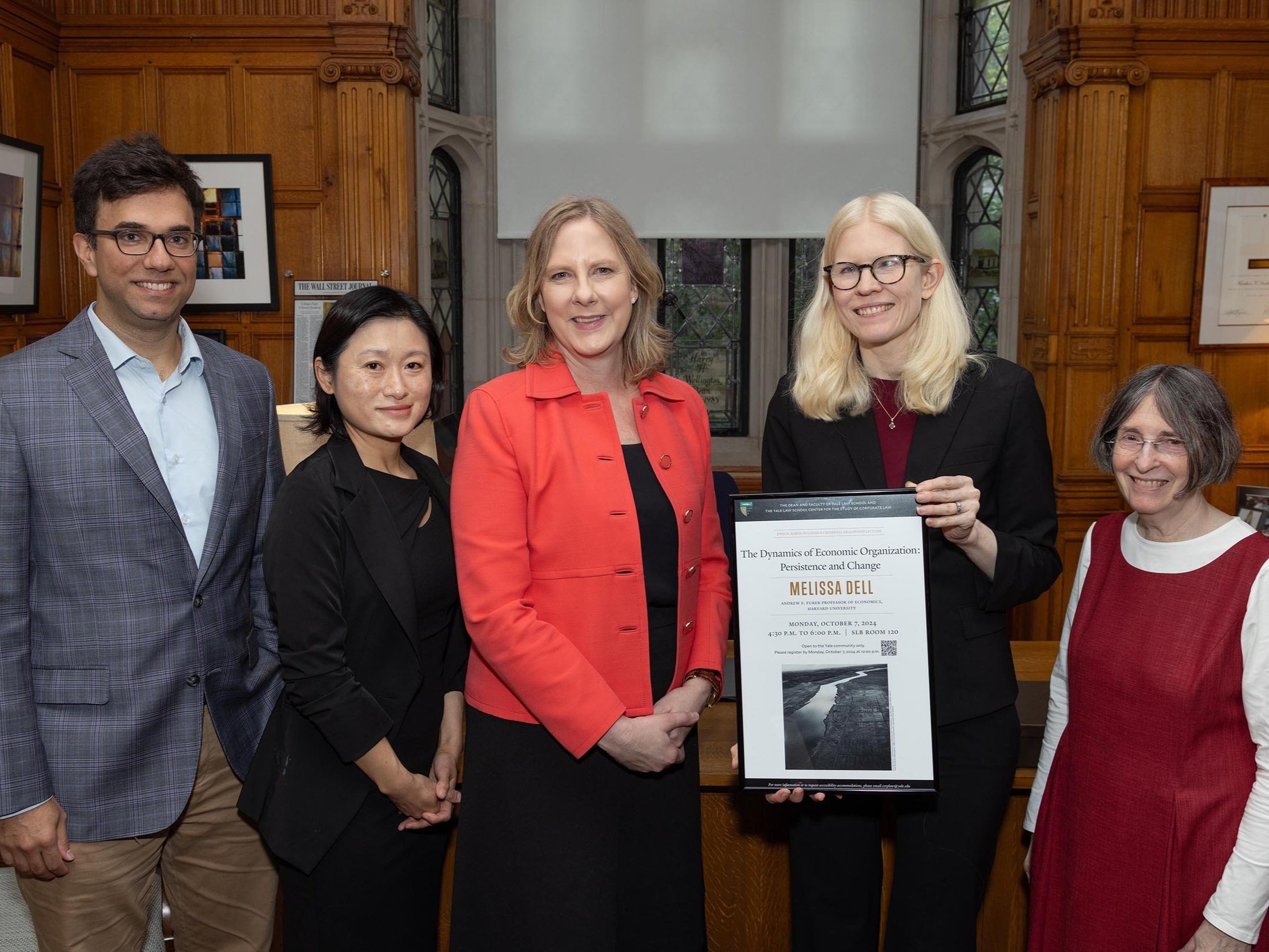 2024-2025 Raben Lecture: YLS Prof. and Ctr. Co-Dir. Sarath Sanga '14, Ctr. Exec. Dir. Nancy Liao '05, YLS Dean Heather Gerken, Harvard Econ. Prof. Melissa Dell, and YLS Prof. and Ctr. Co-Dir. Roberta Romano '80