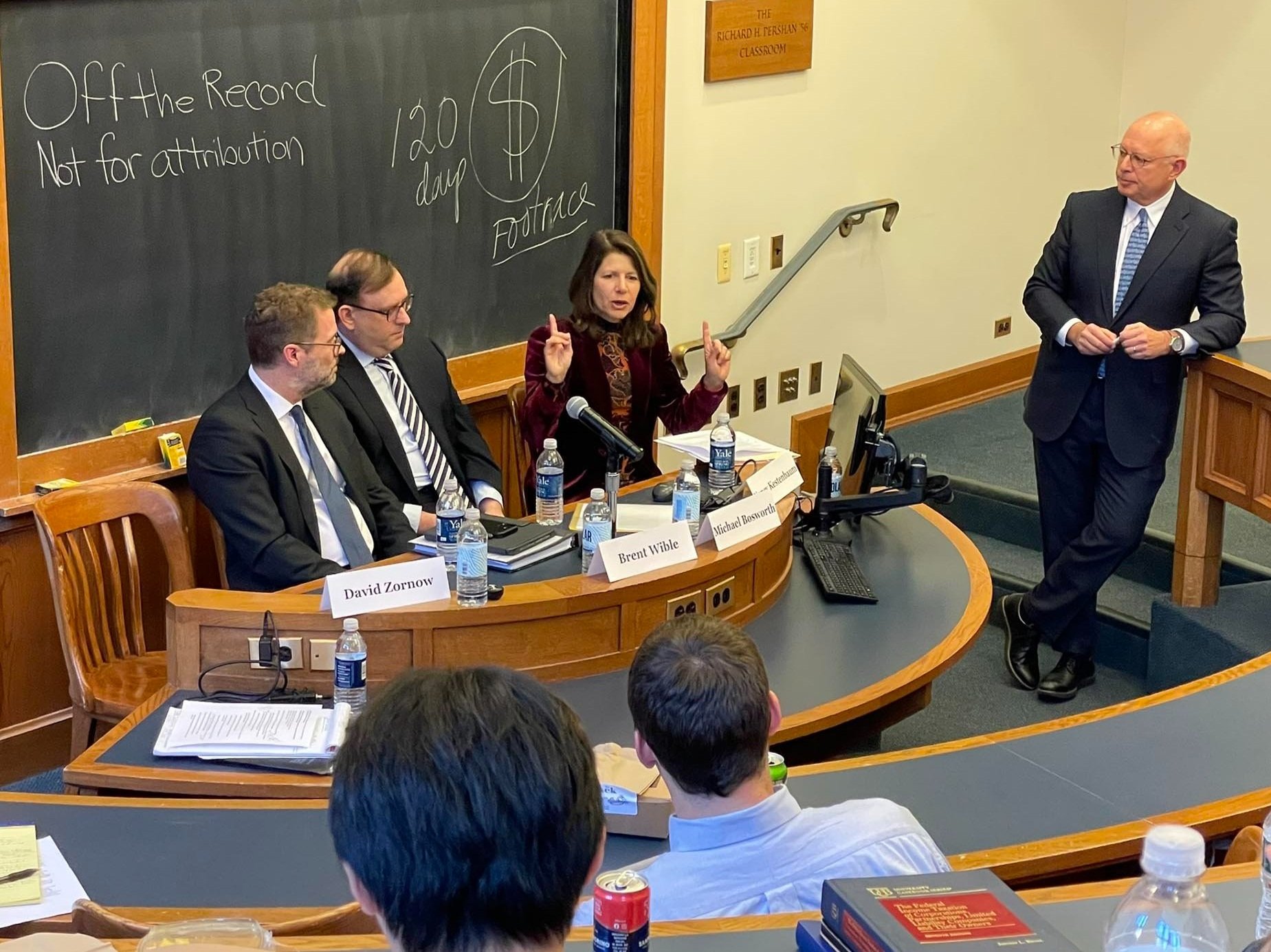 Fall 2024 Hilibrand Series Panel: Brent Wible '03 of DOJ CRM, Michael Bosworth '03 of Goldman Sachs, Nancy Kestenbaum '90 of Covington, and Ctr. Fellow David Zornow '80