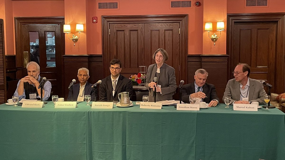 Fall 2024 Alumni Breakfast: Ed Rock (NYU Law), Zohar Goshen '90 (LL.M.), '91 (S.J.D.) (Columbia Law), YLS Profs. and Ctr. Co-Dirs. Sarath Sanga '14 and Roberta Romano '80, YLS Prof. Jon Macey '82, & Marcel Kahan (NYU Law)