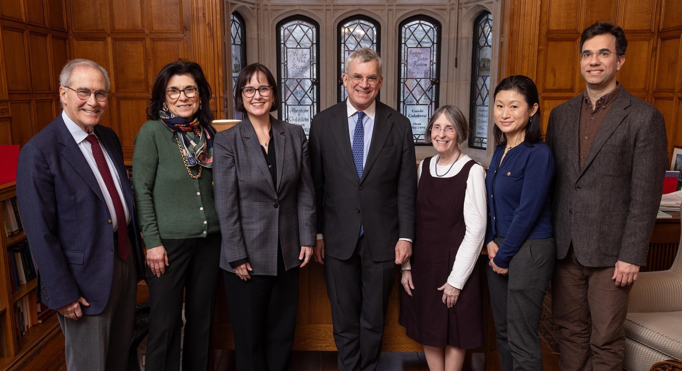 2025-2026 Raben Lecture: John Raben, Marianna Ayres, YLS Dean Cristina Rodríguez '00, Harvard Bus. Prof. Josh Lerner, YLS Prof. & Ctr. Co-Dir. Roberta Romano '80, Nancy Liao '05, and YLS Prof. & Ctr. Co-Dir. Sarath Sanga '14
