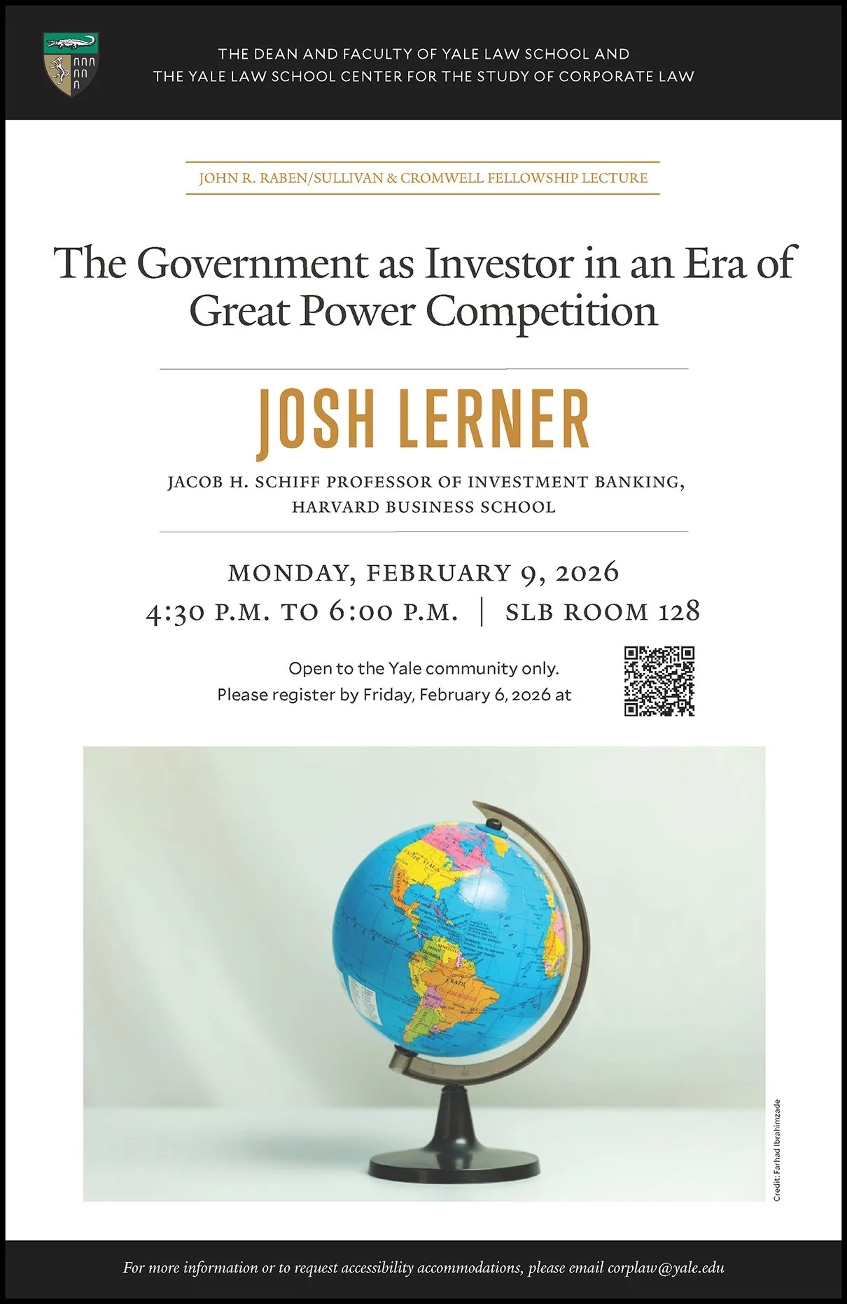 Poster for the 2025-2026 Raben Lecture with Harvard Bus. Prof. Josh Lerner