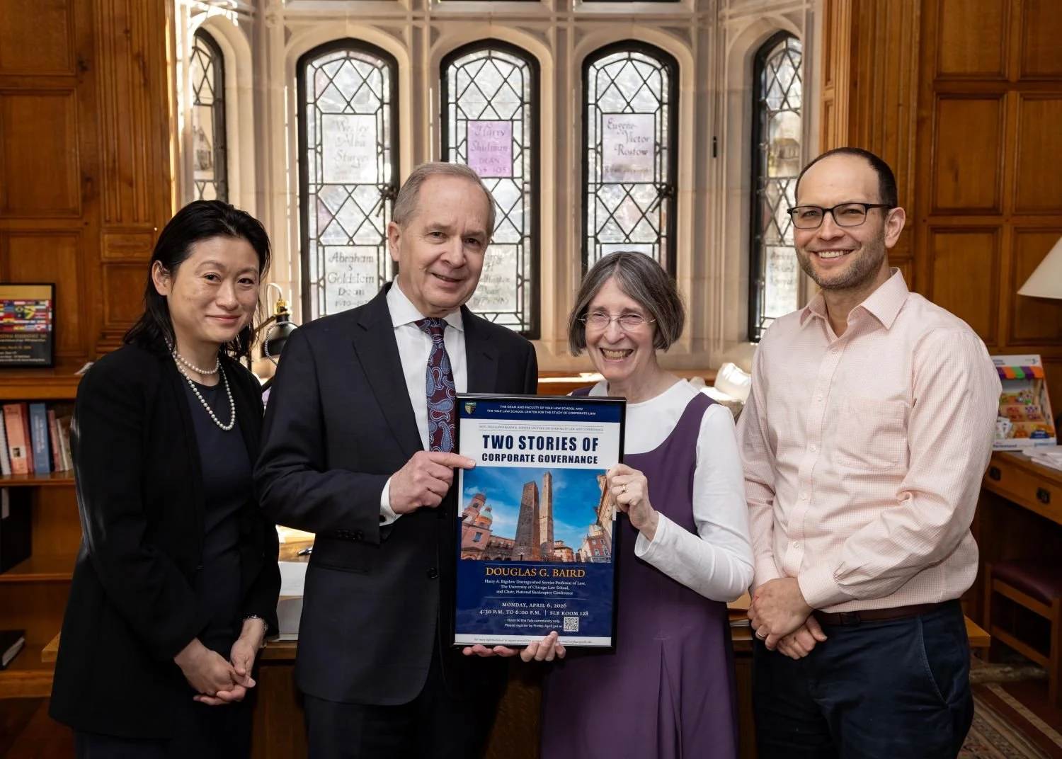2025-2026 Winter Lecture: Ctr. Exec. Dir. Nancy Liao '05, U. Chicago Law Prof. Douglas G. Baird, YLS Prof. & Ctr. Co-Dir. Roberta Romano '80, and YLS Deputy Dean Yair Listokin '05