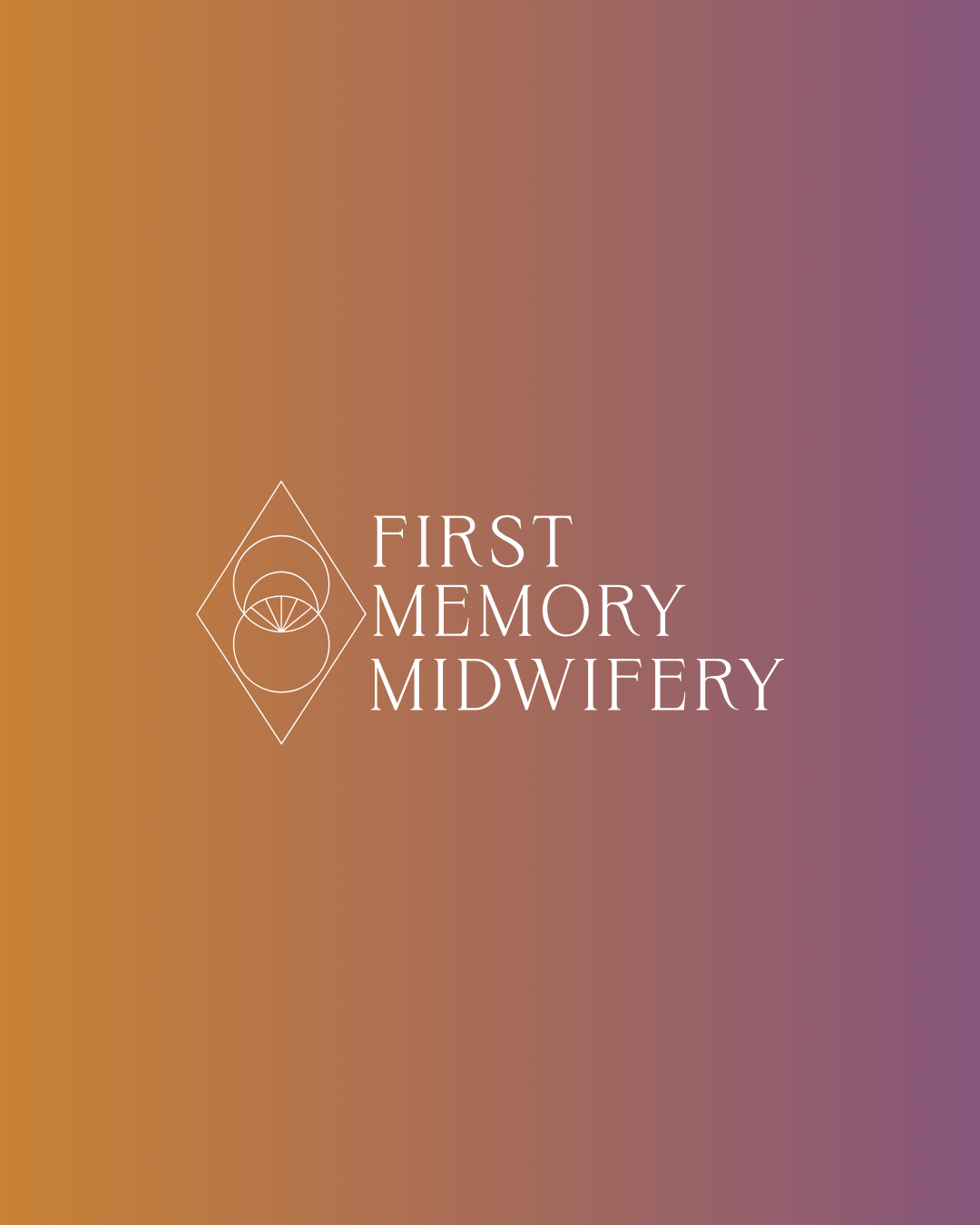Logo for First Memory Midwifery with a geometric design and gradient background in purple and orange tones.