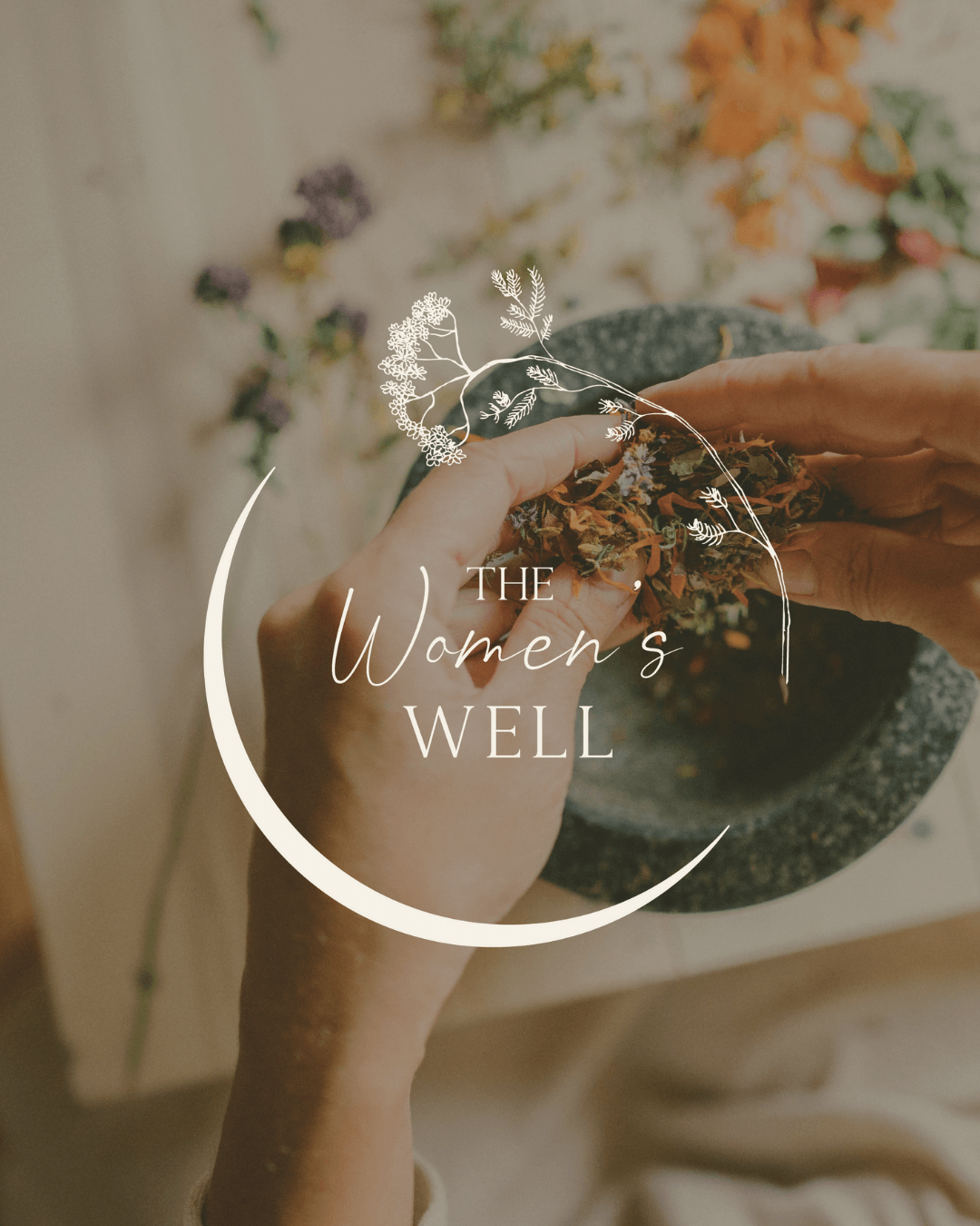 The Women's Well Logo overlayed on an image with hands holding dried herbs