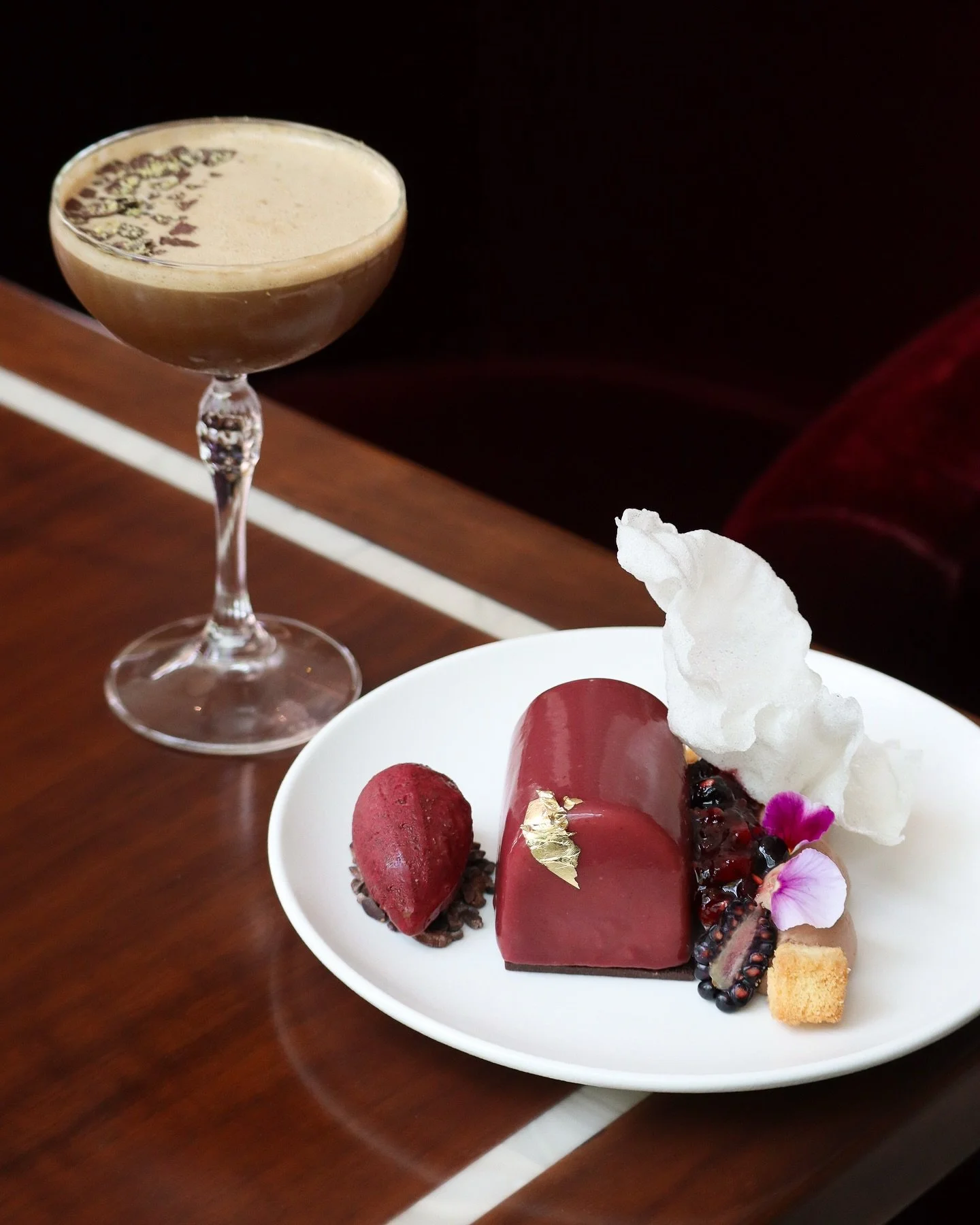 Bacche e Grana // orange blossom mousse, toasted rice pudding, chocolate-citrus cr&eacute;meux, berry marmalade, blackberry-chip sherbet
&nbsp;
Translating to &ldquo;berries and grain,&rdquo; this dolce draws from Bostrengo, a rustic rice cake of Le 