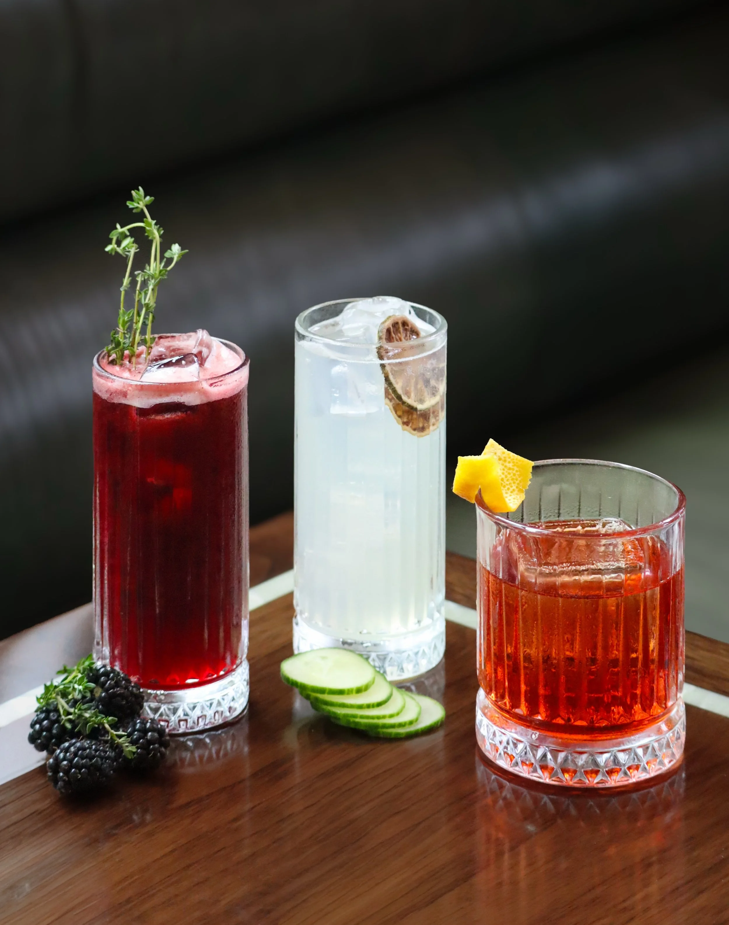 Blackberry Fields pairs vodka with ripe blackberry, thyme, lime, and tonic, while Negroni Rosa brings reposado tequila together with Campari, Carpano Antica, and Xocolatl Mole bitters. Acqua Termale takes a brighter approach with gin, aloe liqueur, c