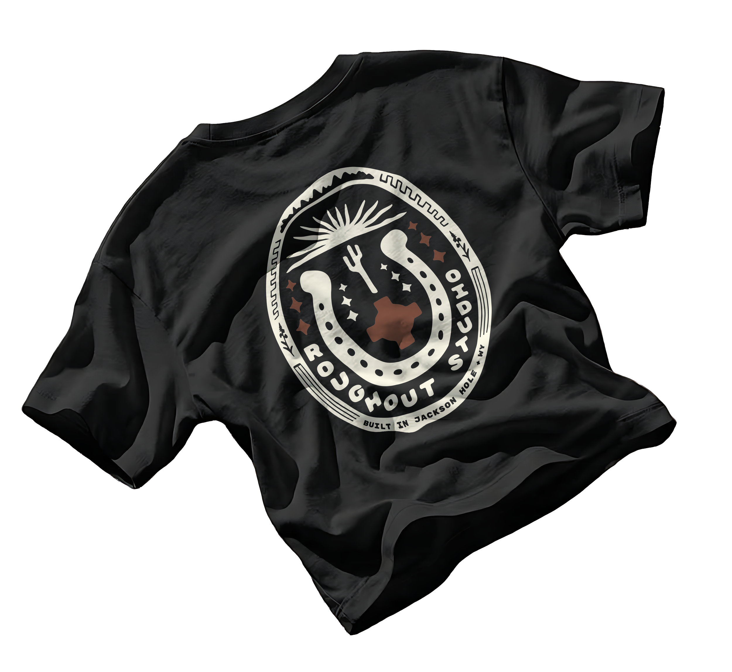 Roughout Studio, Black shirt with a circular logo on the front, featuring a stylized dinosaur and text around the circle, set against a plain background.