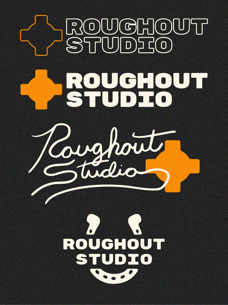 Roughout Studio, A black background featuring five variations of the Roughout Studio logo in different styles and colors. The logos include text and graphic elements such as a cross and a smiley face with headphones.