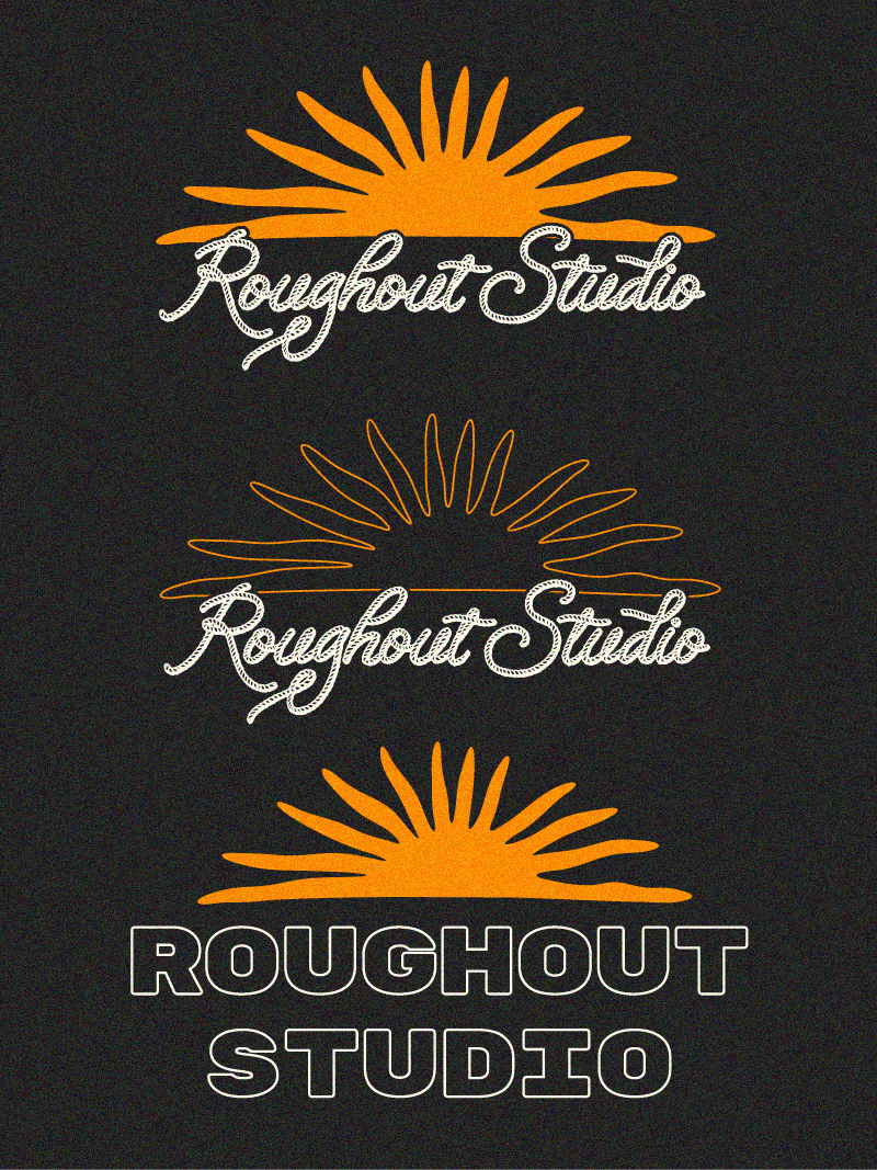 Roughout Studio, Three stylized sun illustrations with the text 'Roughout Studio,' 'Roughout Studio,' and 'Roughout Studio' in different font styles from top to bottom.