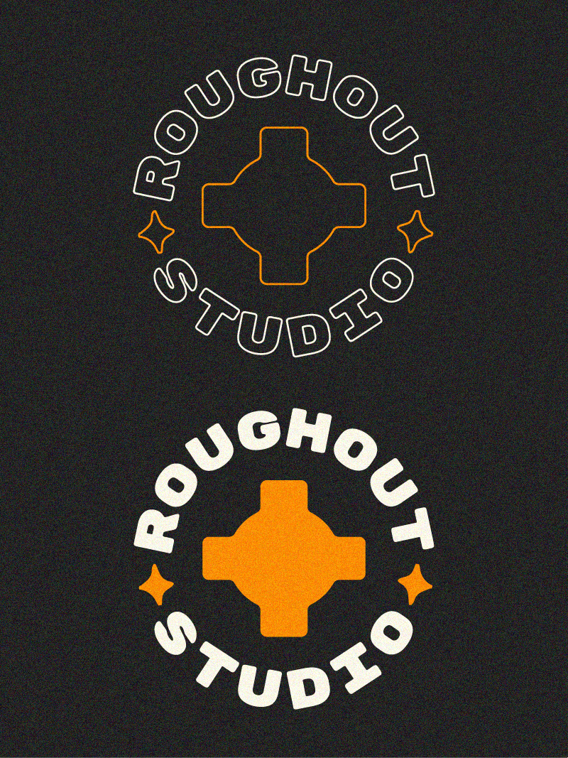 Roughout Studio, Two variations of a logo for 'RoughhouT Studio'. The top version features outlined text and a outlined center graphic, while the bottom version has solid filled text and a filled center graphic. Both include small decorative stars.