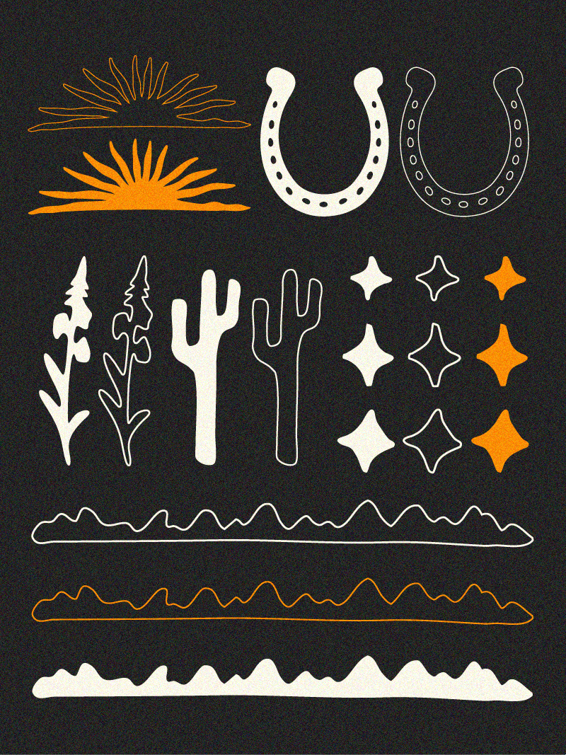 Roughout Studio, White, orange, and black abstract desert-themed symbols and patterns on a black background, including sunbursts, cacti, stars, and wavy lines.
