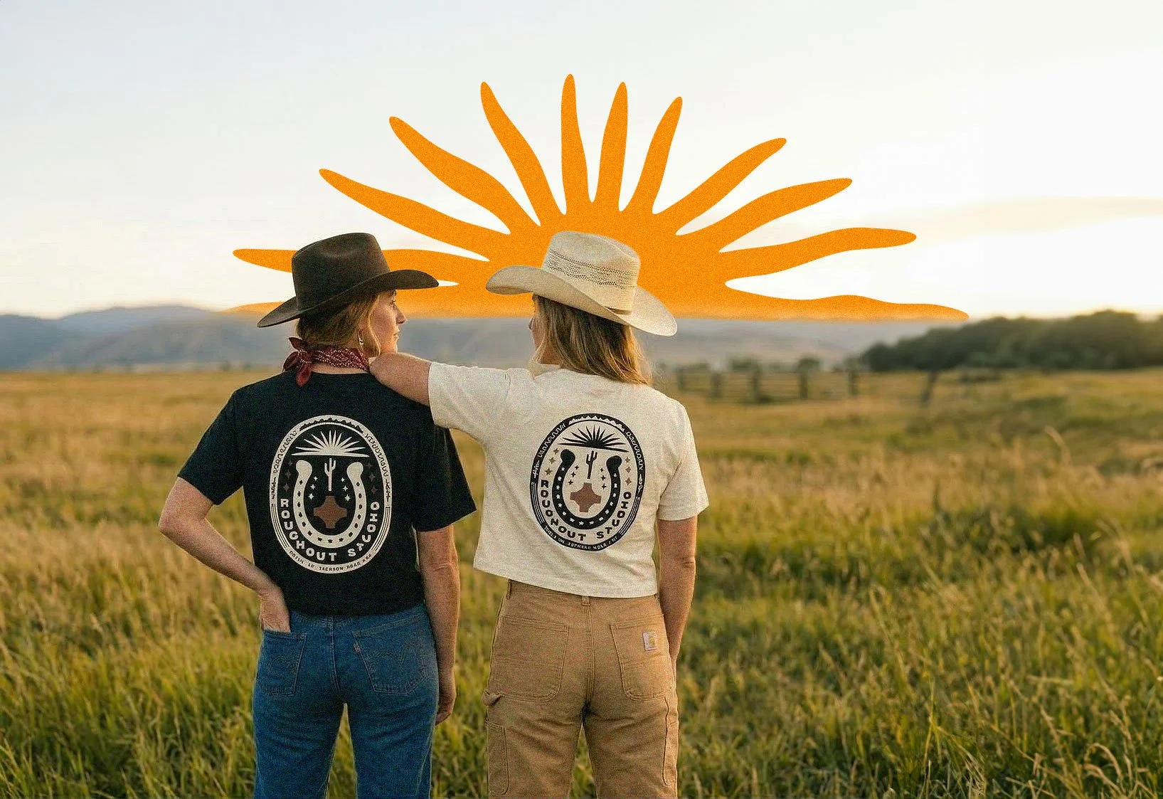 Two women standing in a field at sunset, wearing cowboy hats and t-shirts with a ranch logo, with a large stylized sun graphic in orange behind them.
