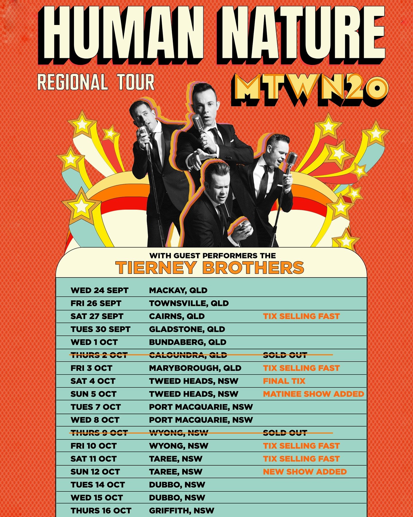 ⭕️ NEW shows added to our MTWN20 Regional Tour this September &amp; October
Plus TIERNEY BROTHERS will now be doing special performances in all the upcoming shows 🎶
🎫Tickets selling fast 
Head to humannaturelive.com for all details ! Can&rsquo;t wa