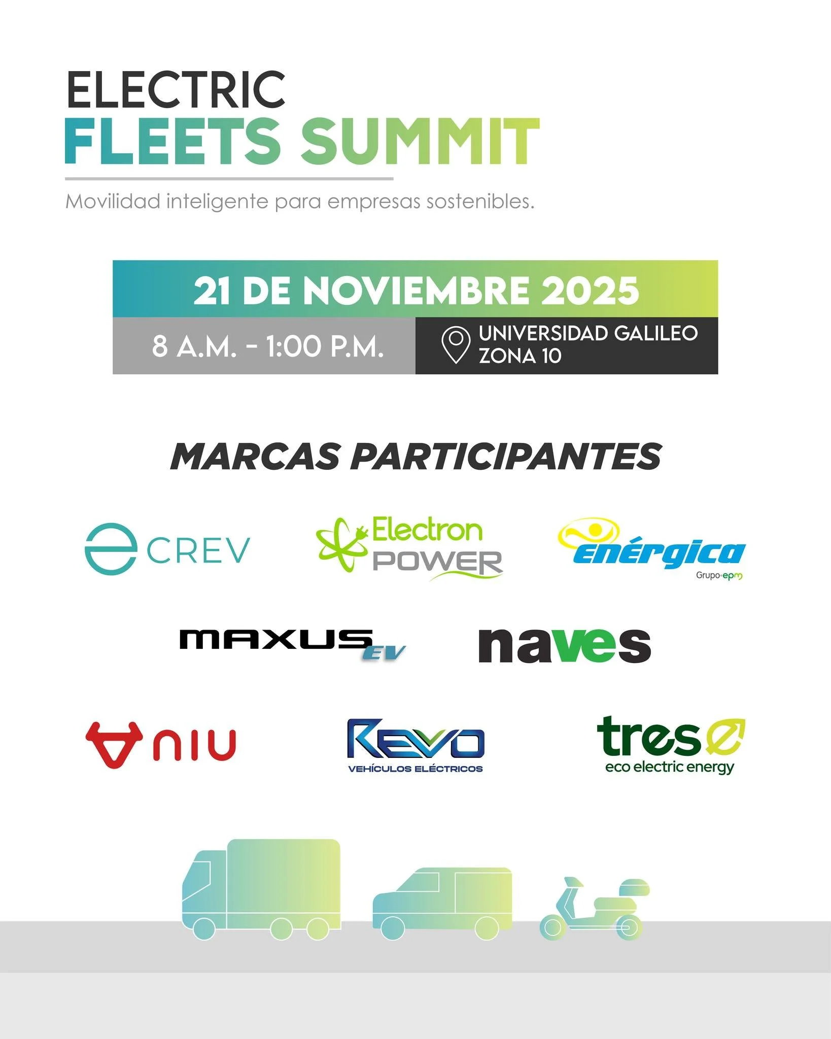 🚛⚡ Electric Fleets Summit 2025 &ndash; Movilidad inteligente para empresas sostenibles

Este 21 de noviembre en Universidad Galileo, las empresas l&iacute;deres en innovaci&oacute;n y movilidad el&eacute;ctrica se unen en un mismo lugar para impulsa