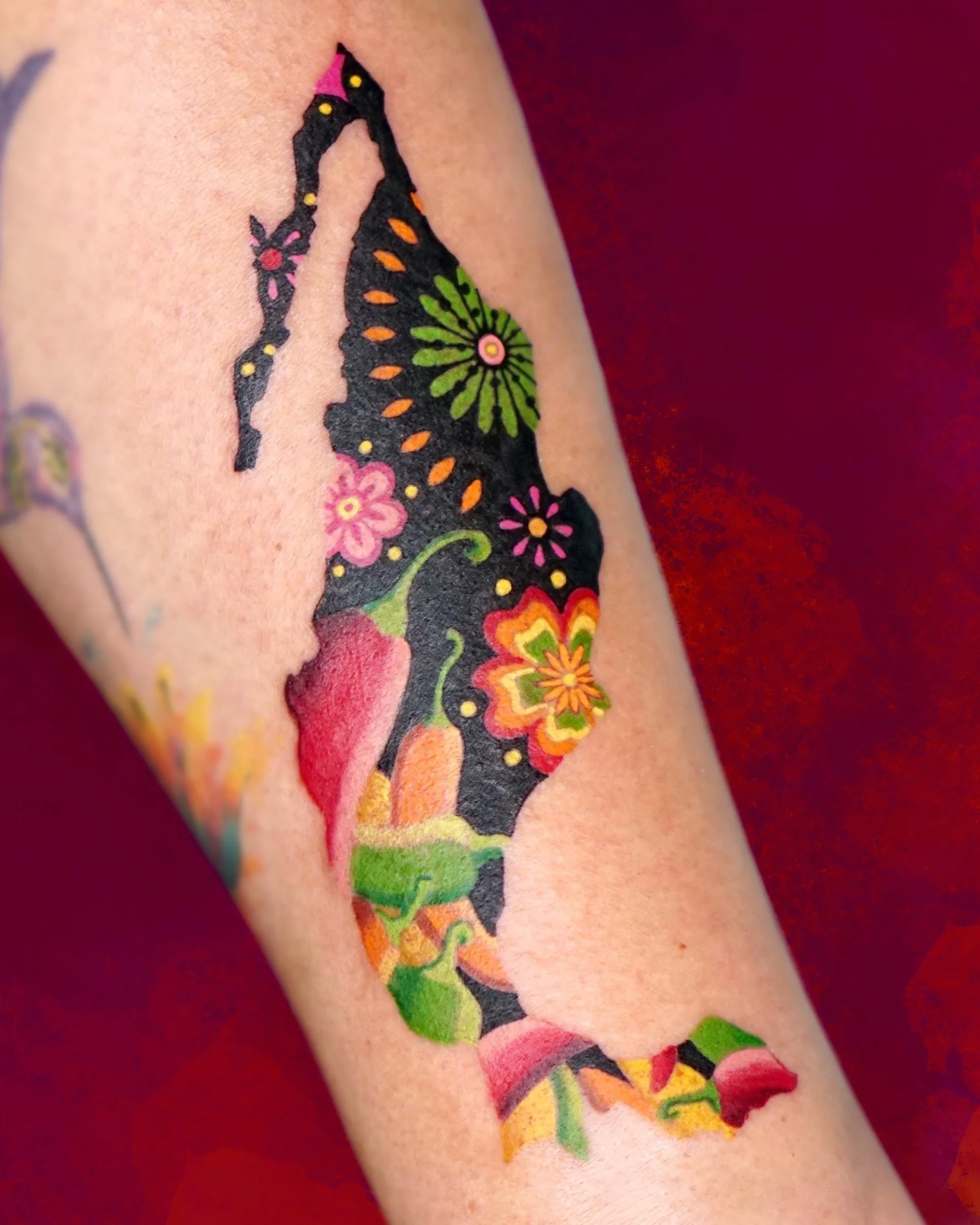 Colorful tattoo of the state of Alabama filled with floral and nature designs.