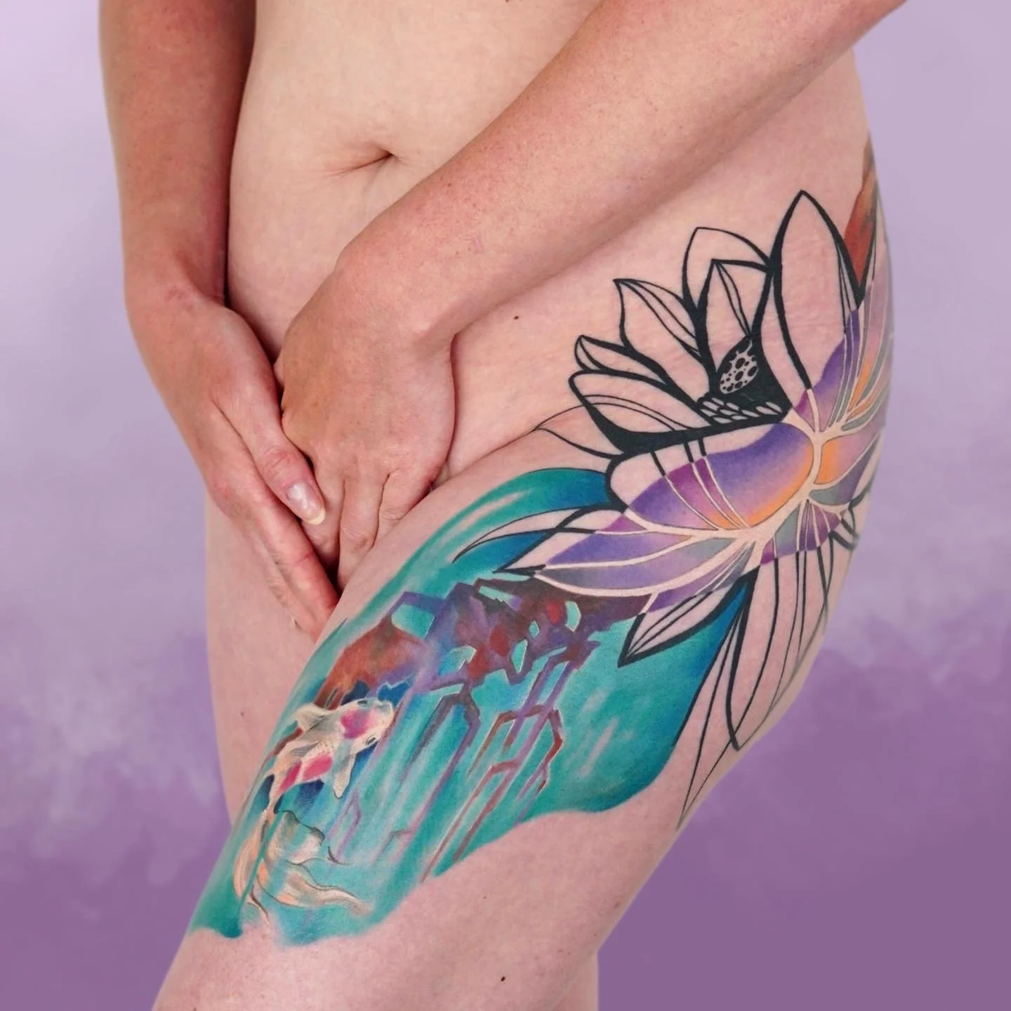 A person with a colorful tattoo of a butterfly and abstract design on their thigh. The person is covering their genital area with their hands.