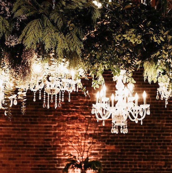Chandeliers hanging from a ceiling decorated with greenery in a stylish indoor setting.